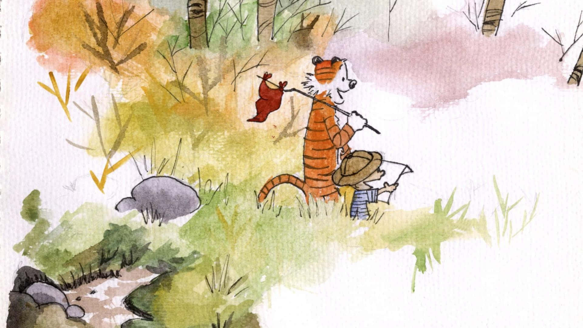 En vandfarvemaleri af en tiger og en dreng i skoven. Wallpaper