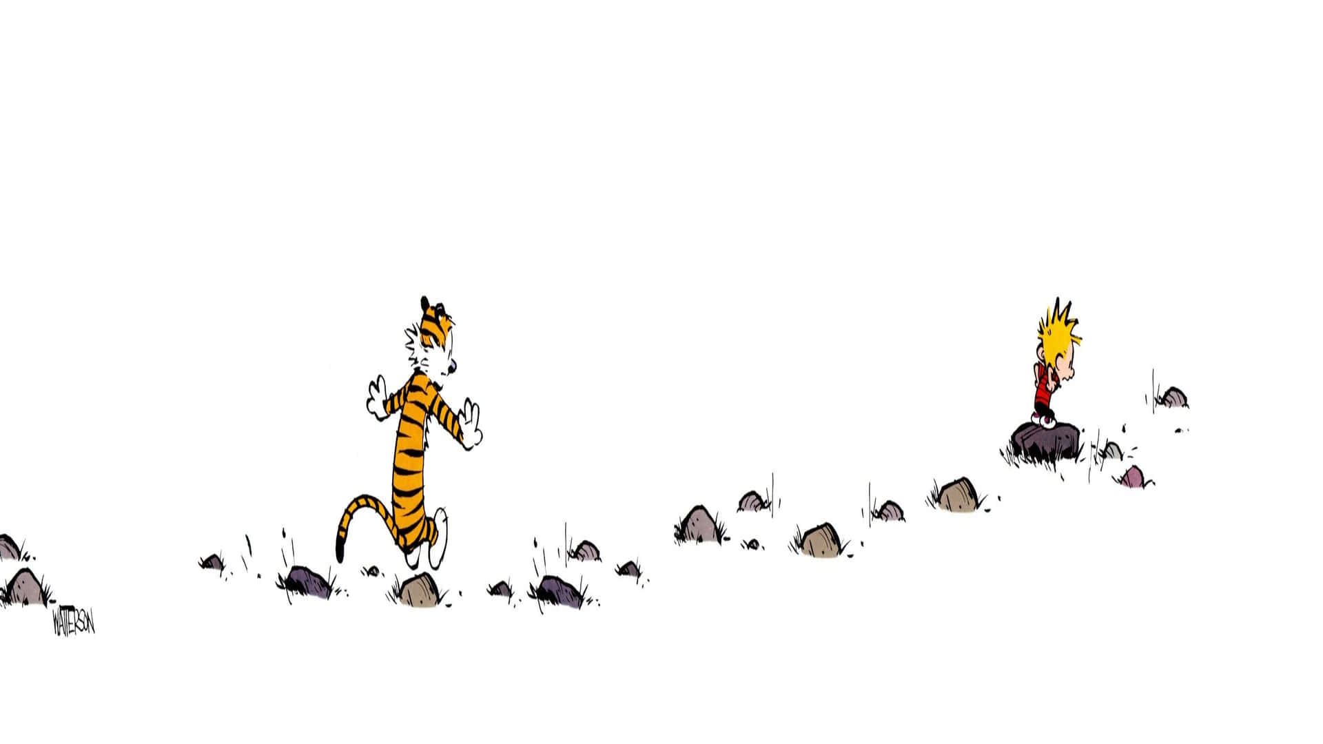 Et tegneserie af en tiger og en ræv, der løber gennem sten. Wallpaper