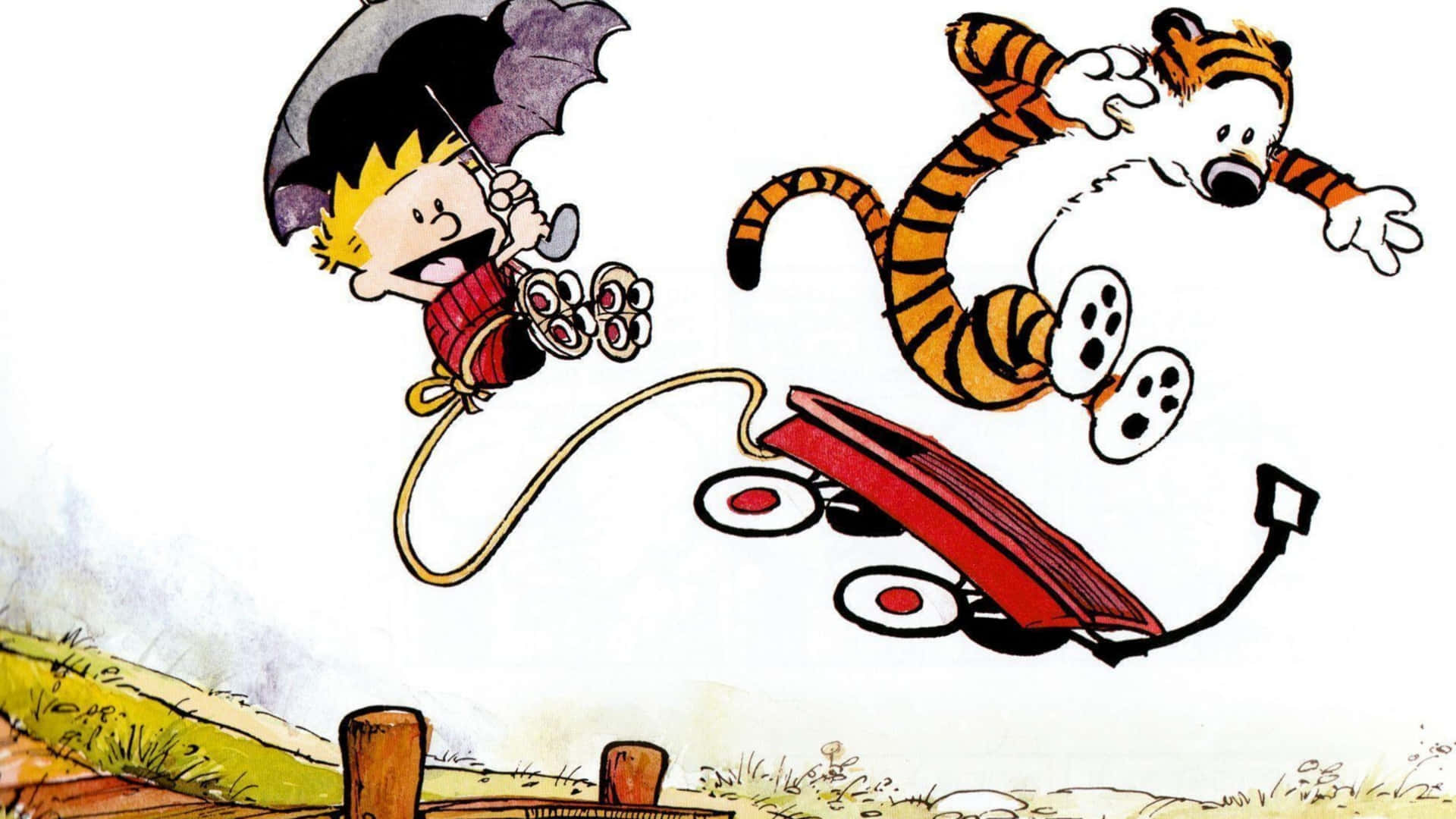Et tegneserie af en tiger og dreng, der hopper over et rækværk Wallpaper