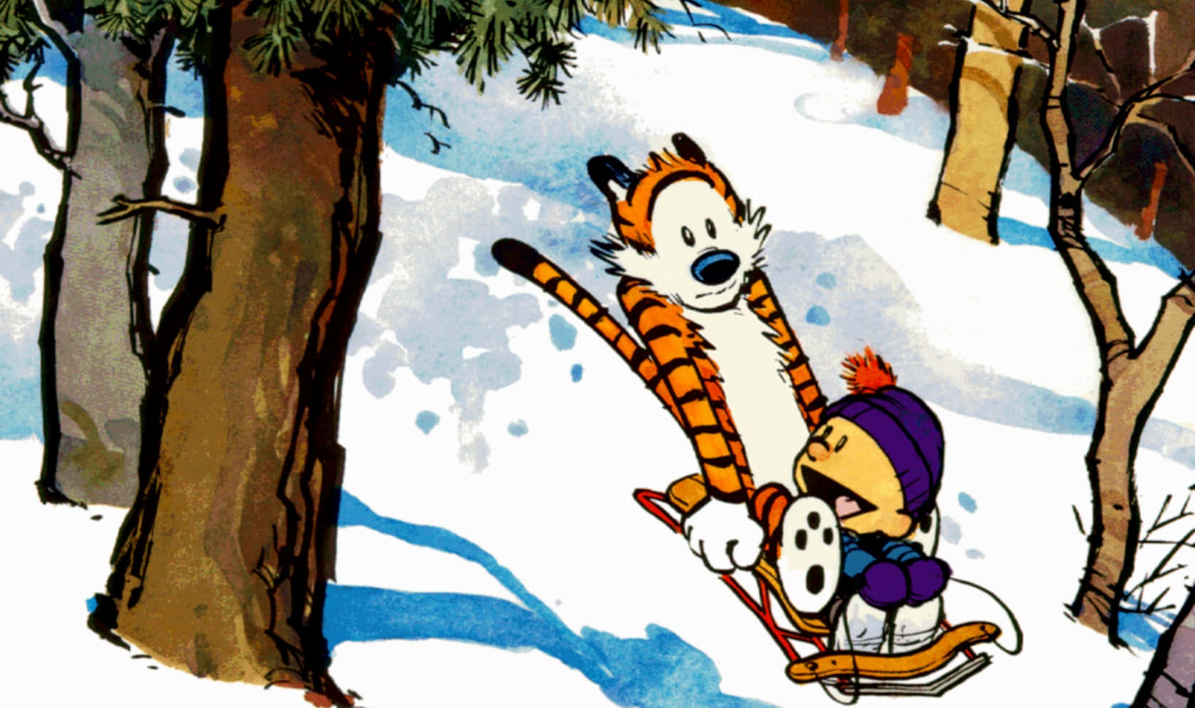 Calvin and Hobbes Wander Through a Snowy Wonderland