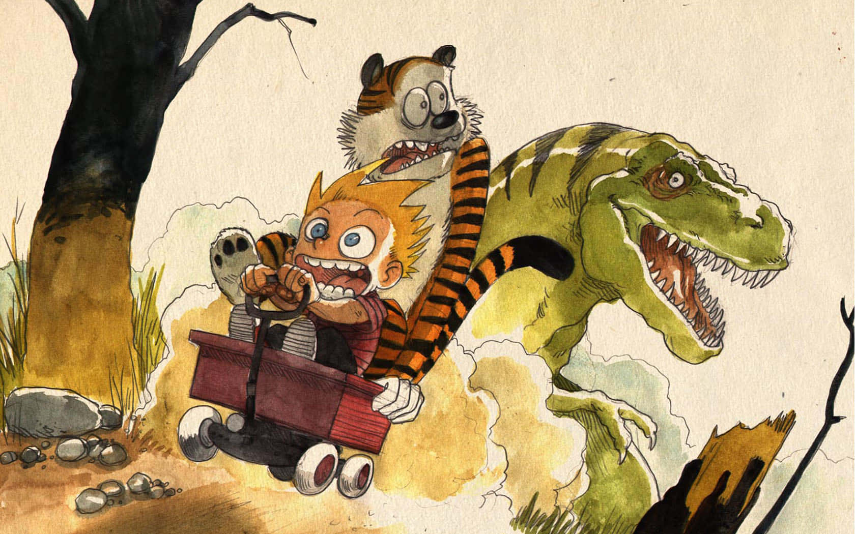 Calvine Hobbes Inseguiti Da Un'immagine Di Un Dinosauro.