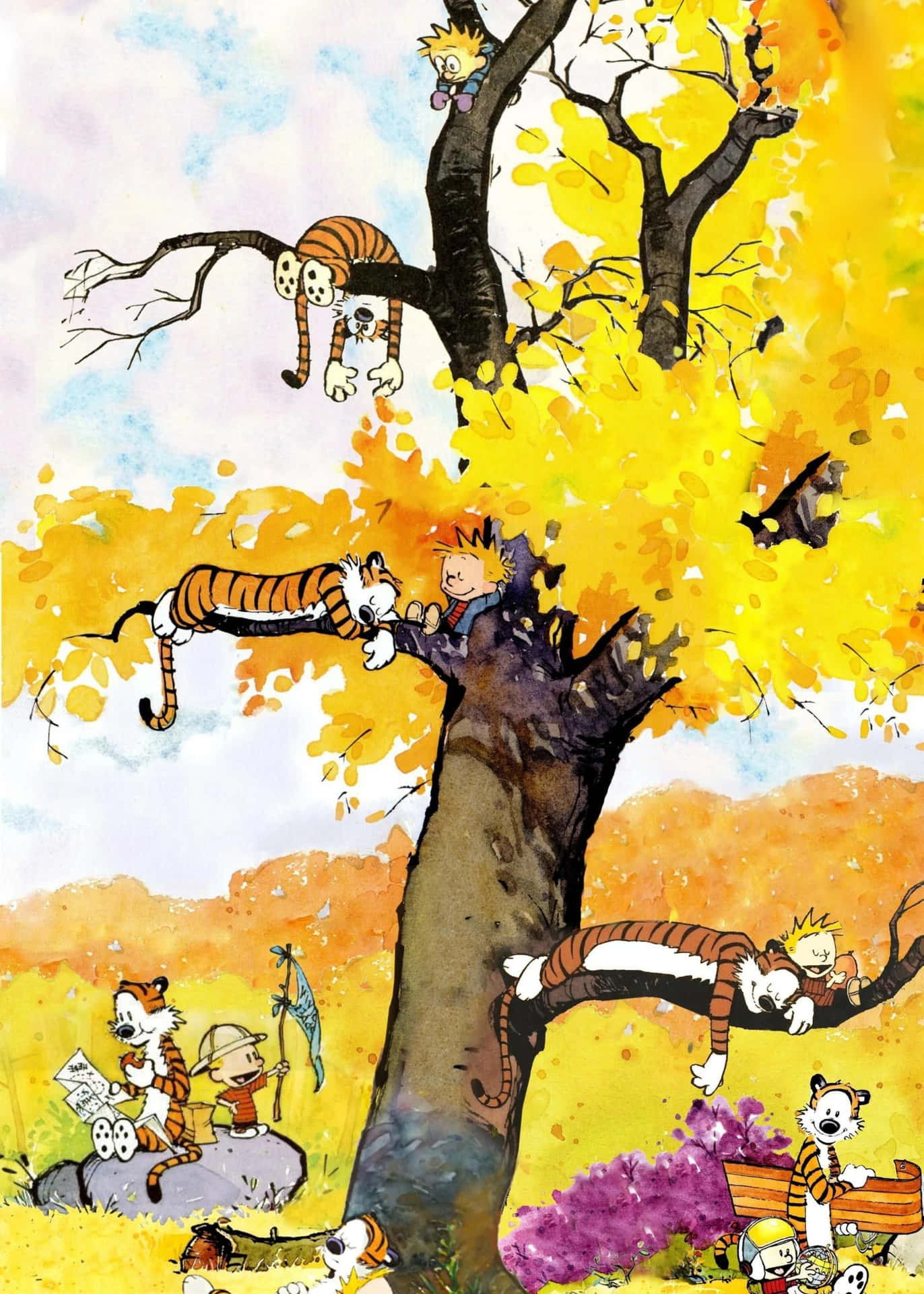 Imagende Calvin Y Hobbes En Un Árbol Amarillo.