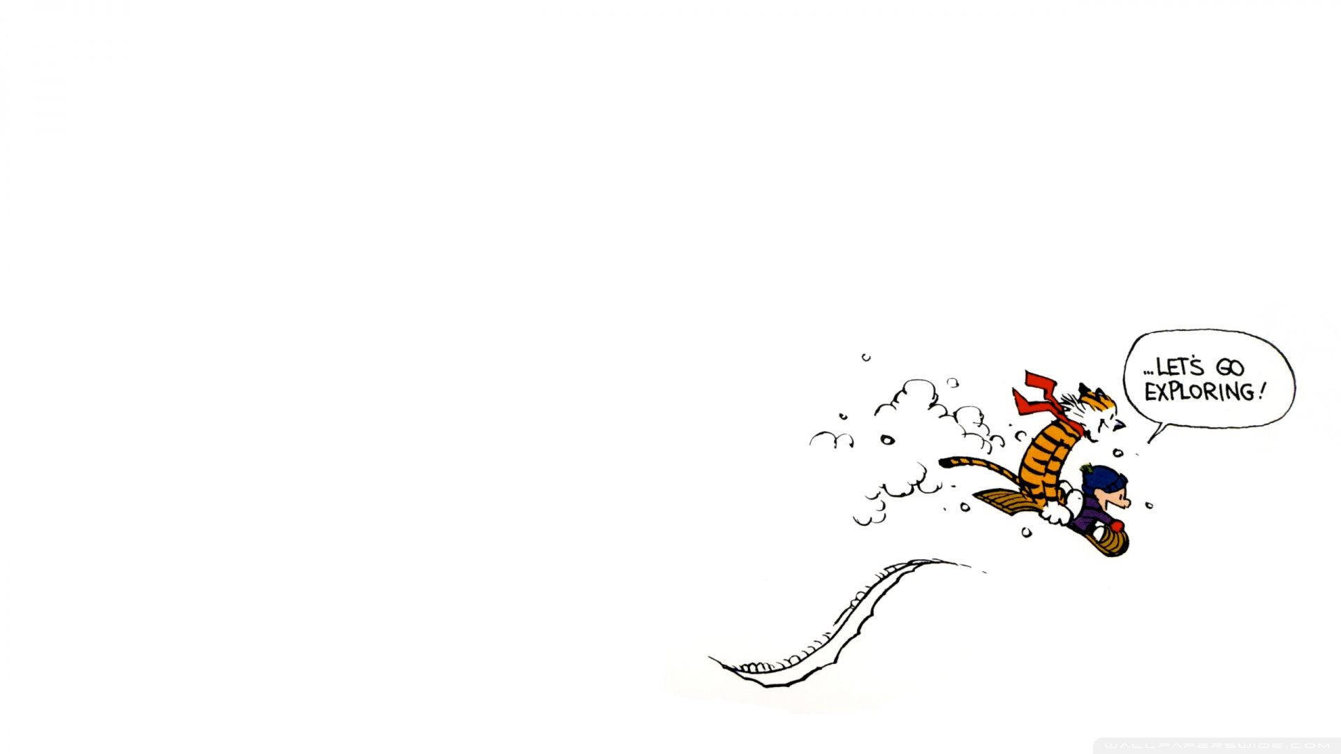 Calvin and Hobbes happily snowboarding together Wallpaper