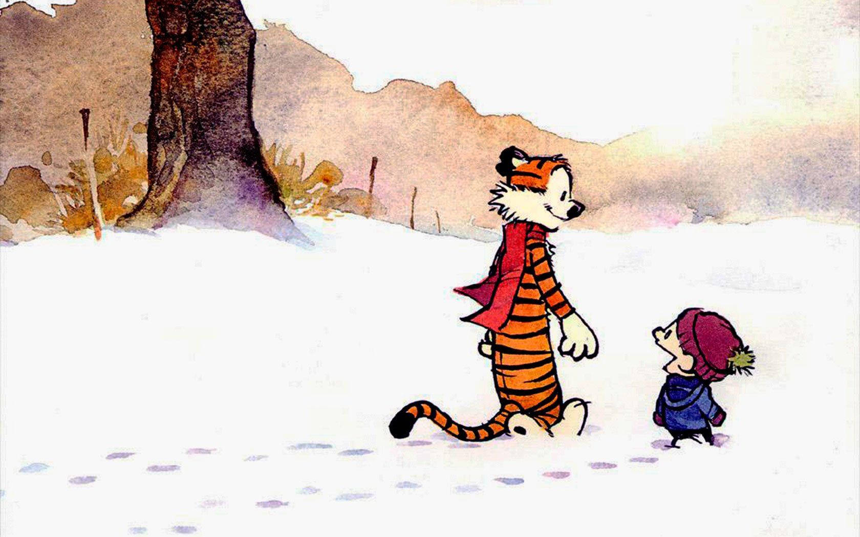 Calvin and Hobbes embrace the winter season. Wallpaper
