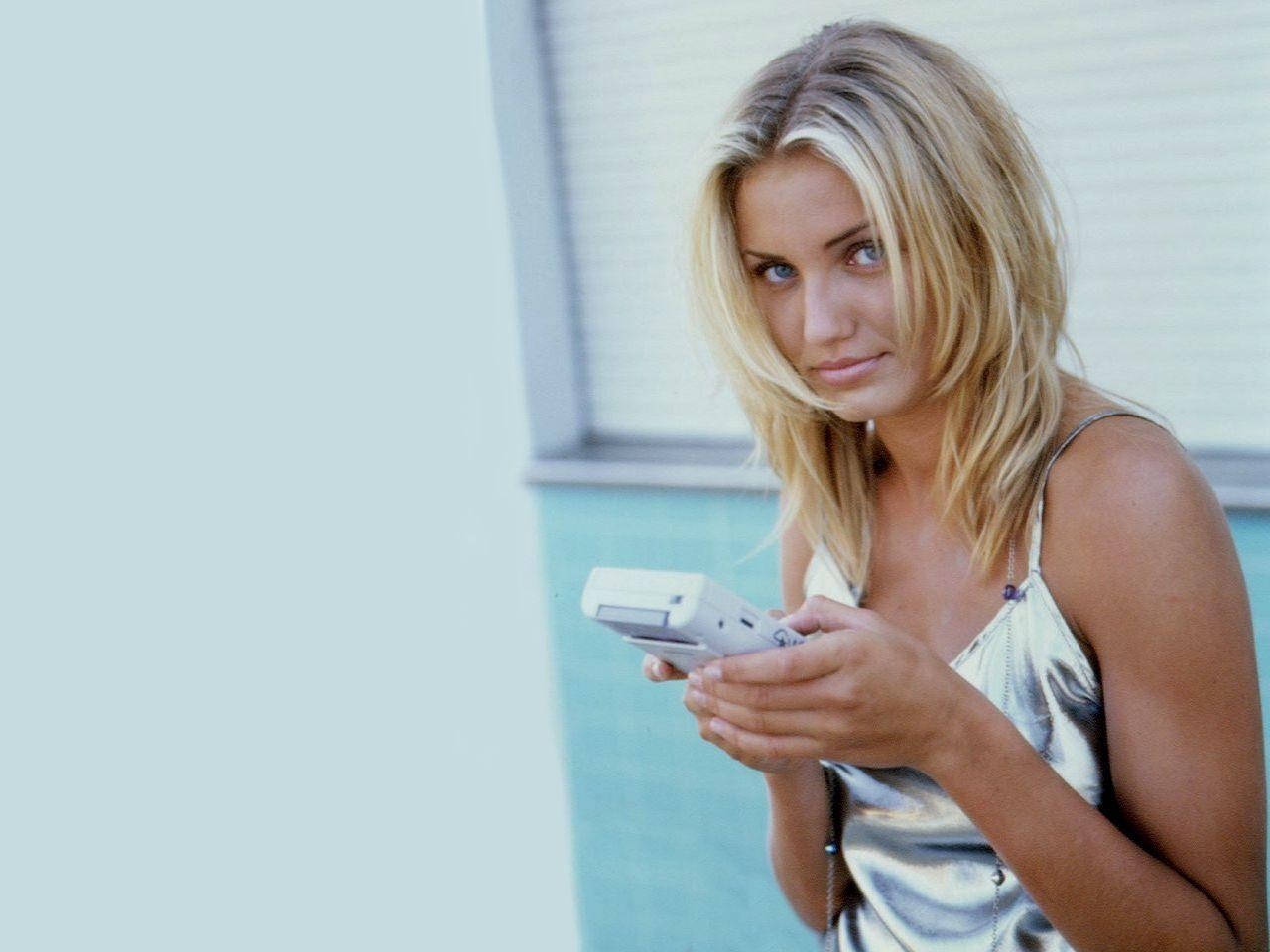 Cameron Diaz Engaged in a Call on a White Smartphone Wallpaper