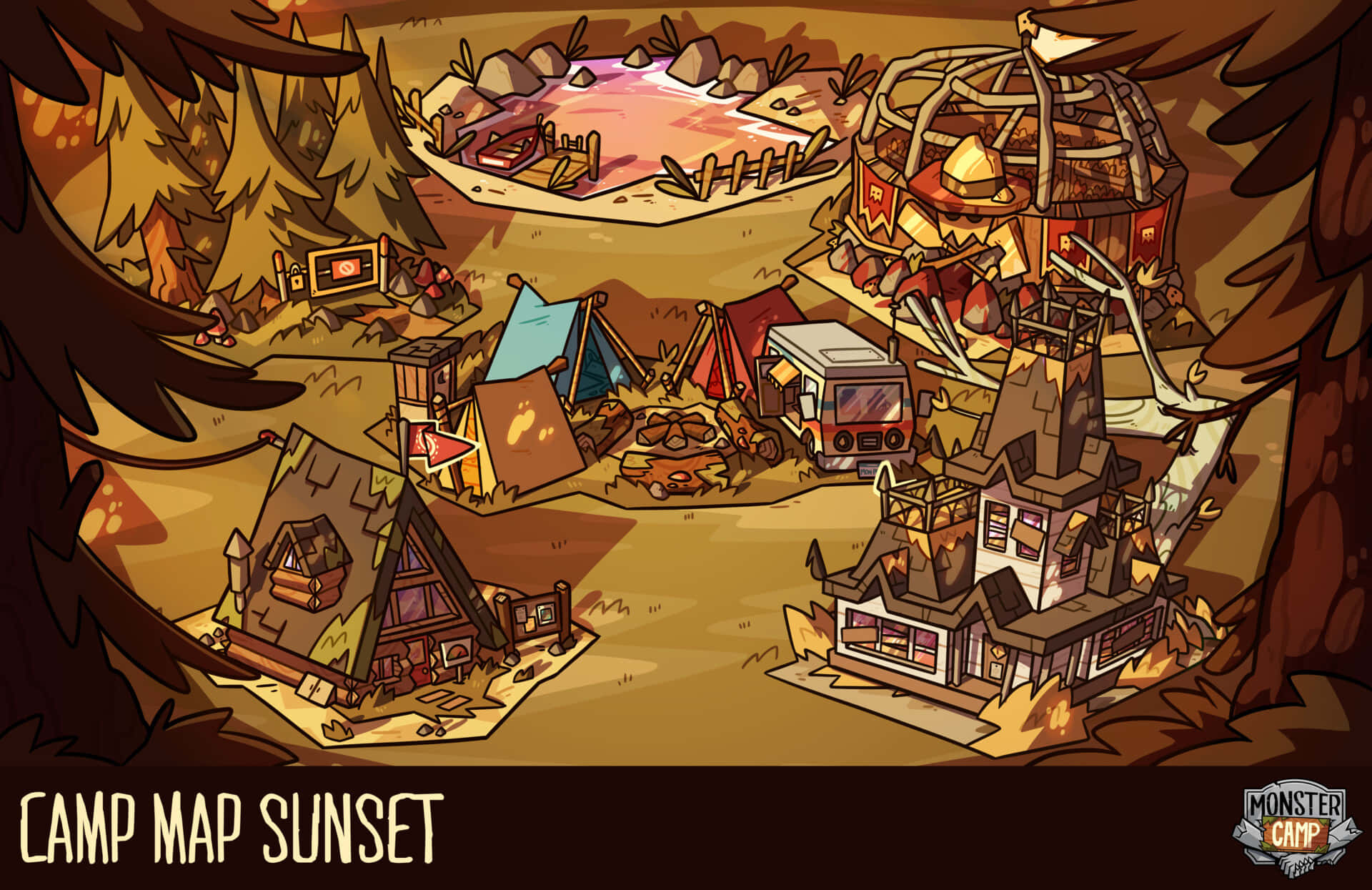 Camp Map Sunset - A Cartoon Map Of A Camp