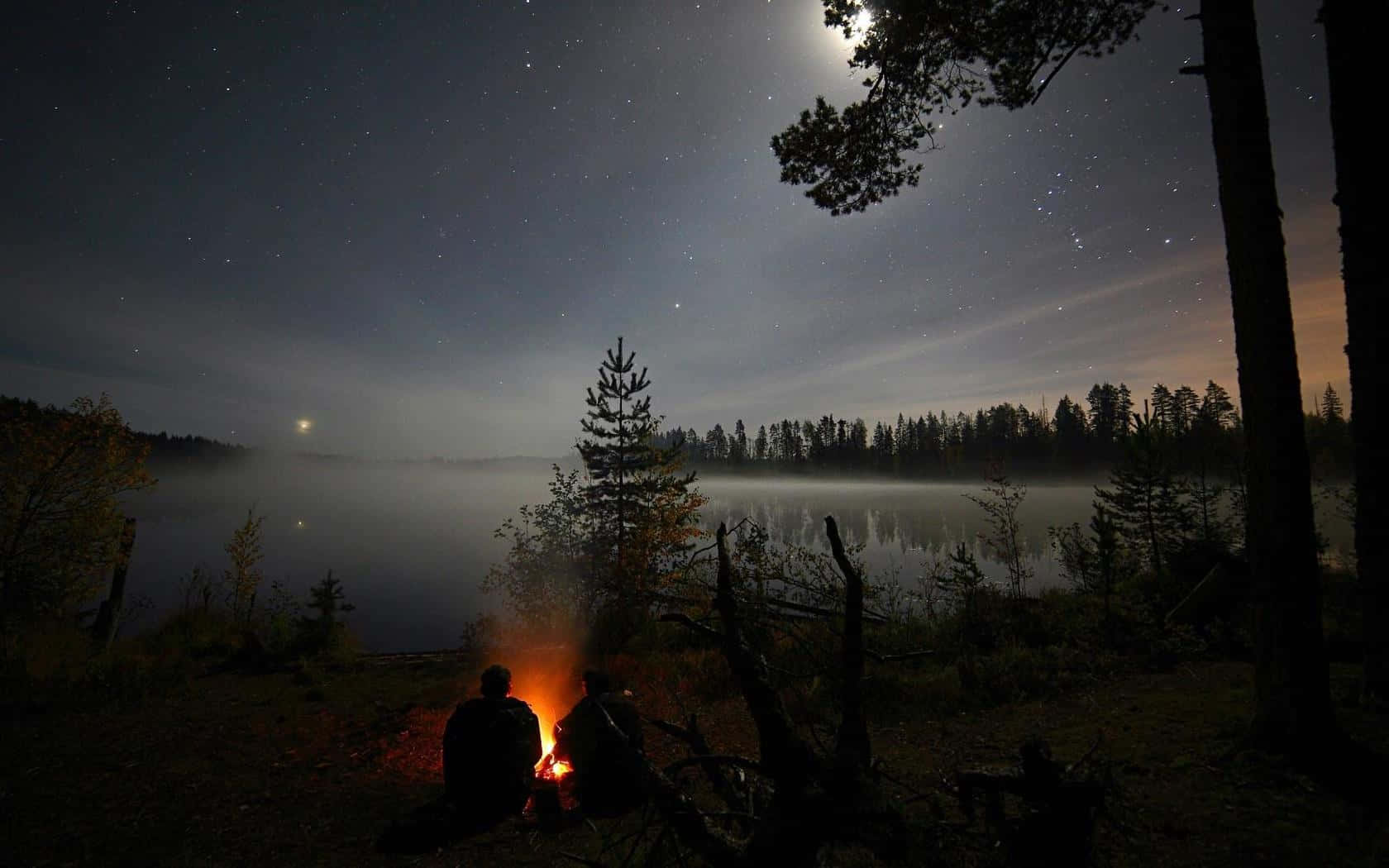 A cozy campfire under the starry night sky