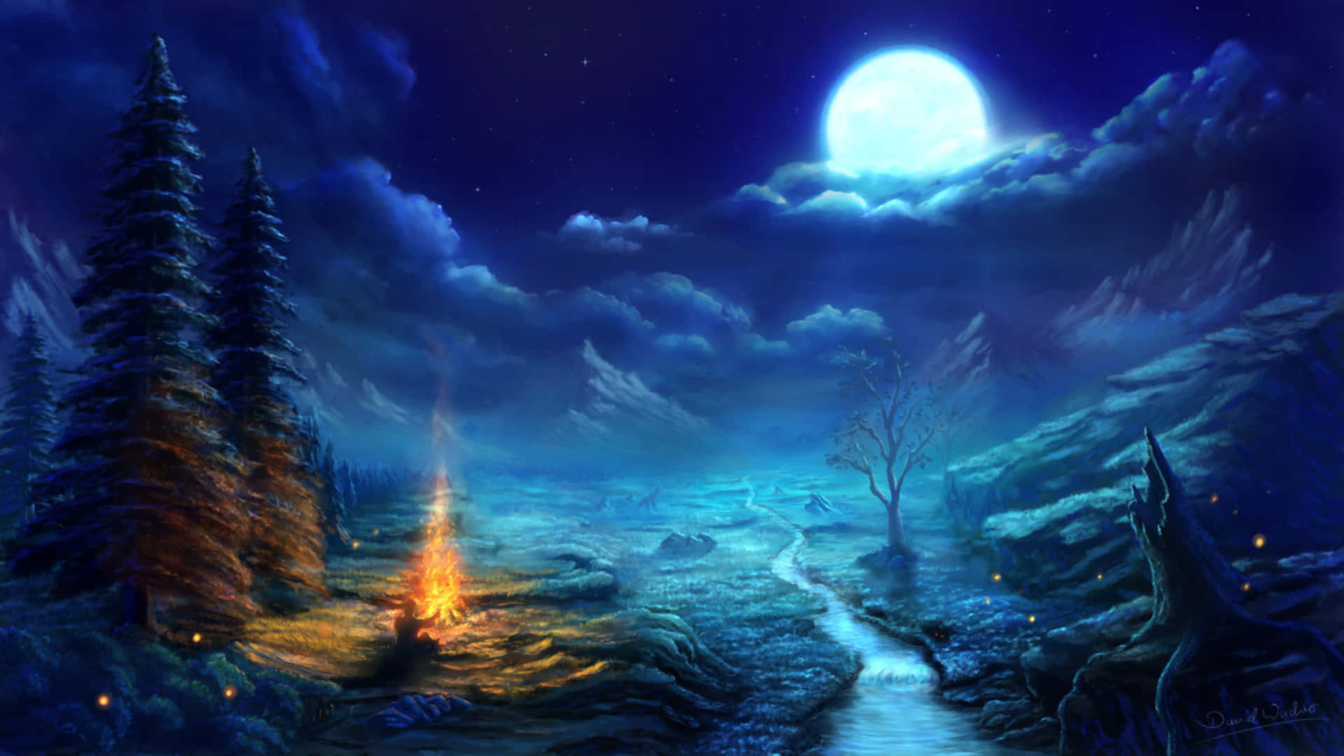 Campfire Fantasy Land Vector Art Wallpaper