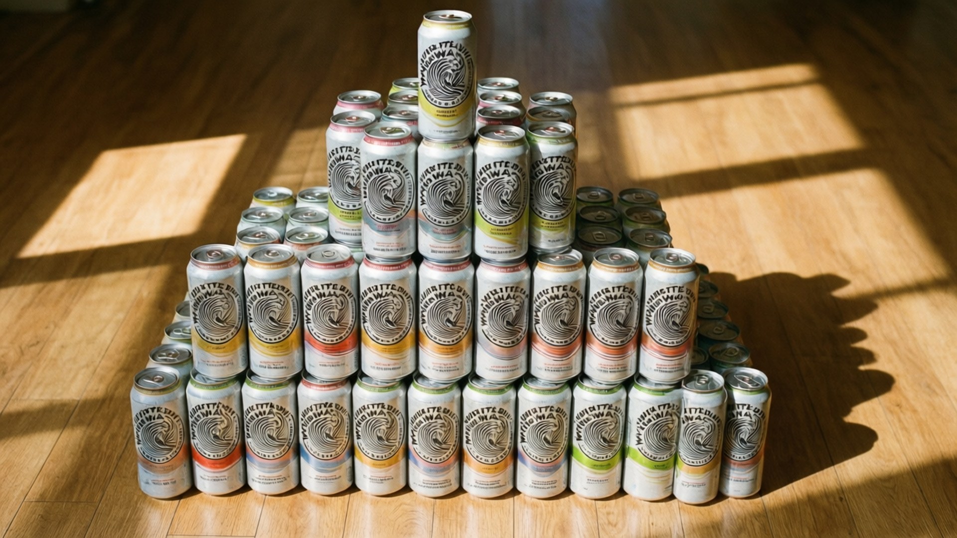 Stacked White Claw cans in a pyramid, geometric and fun wallpaper.