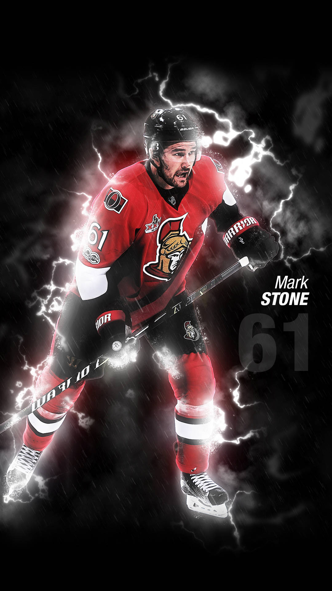 Canadisk Ottawa Senators spiller Mark Stone med lynillustration. Wallpaper