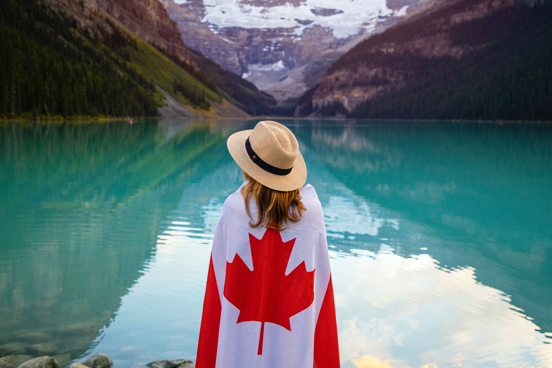 Canadian Woman Hat Mountain Lake Wallpaper