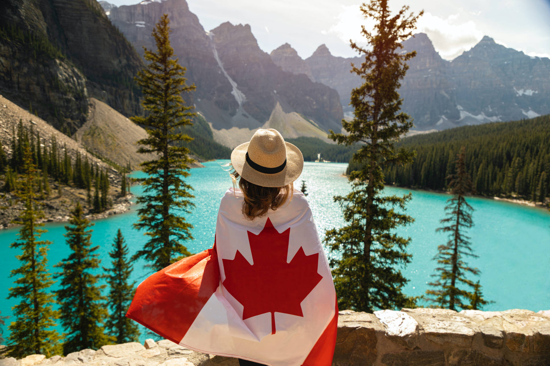 Canadian Woman Lake Tall Trees Wallpaper
