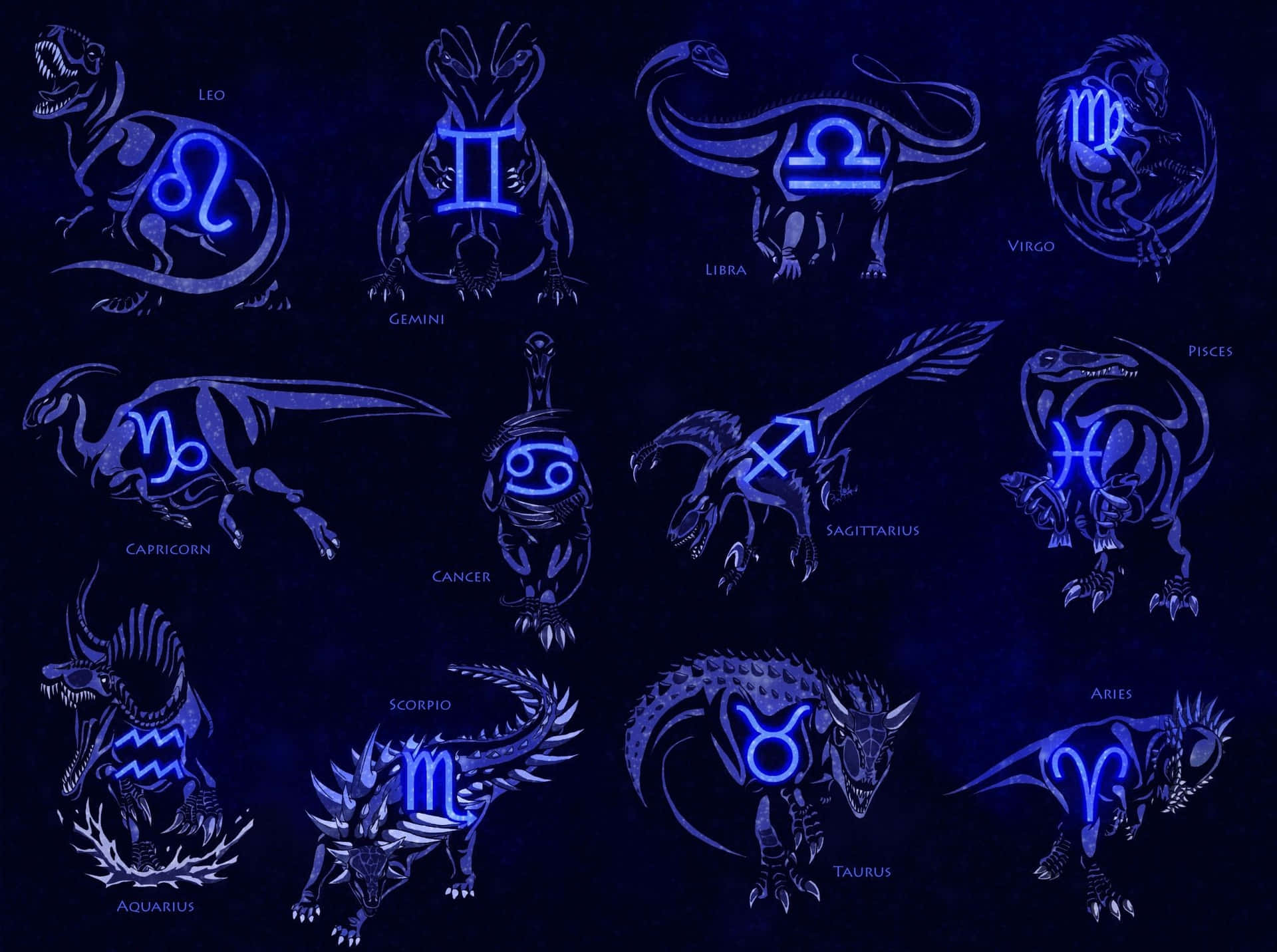 A Group Of Different Zodiac Signs In Blue Light