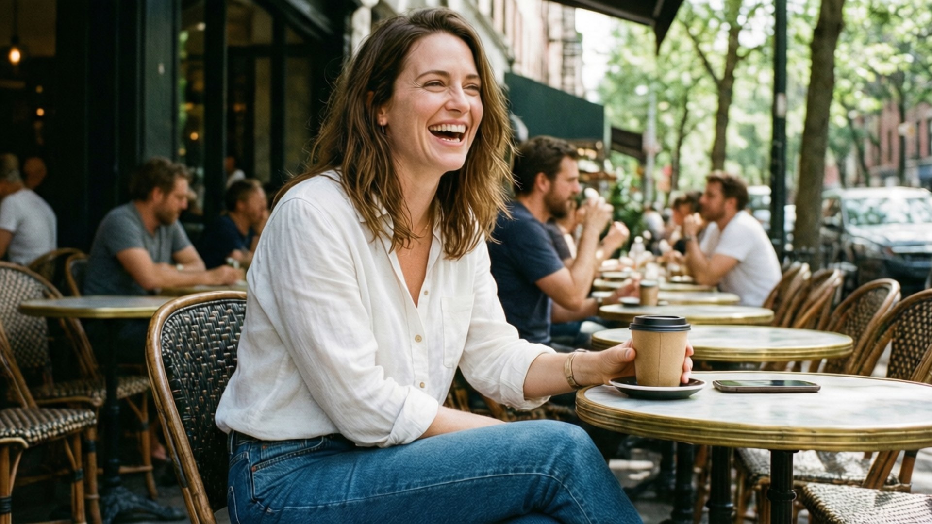 Candid Cafe Laughter Wallpaper — A woman laughs joyfully while holding a coffee cup at an outdoor café table surrounded by other patrons.