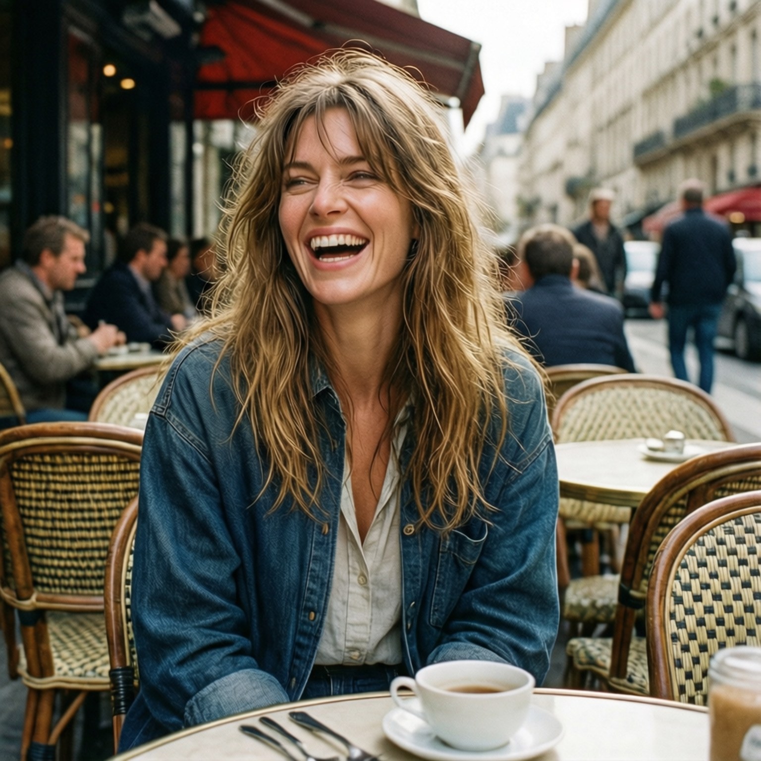 Natalia Vodianova laughing naturally at a sunny cafe