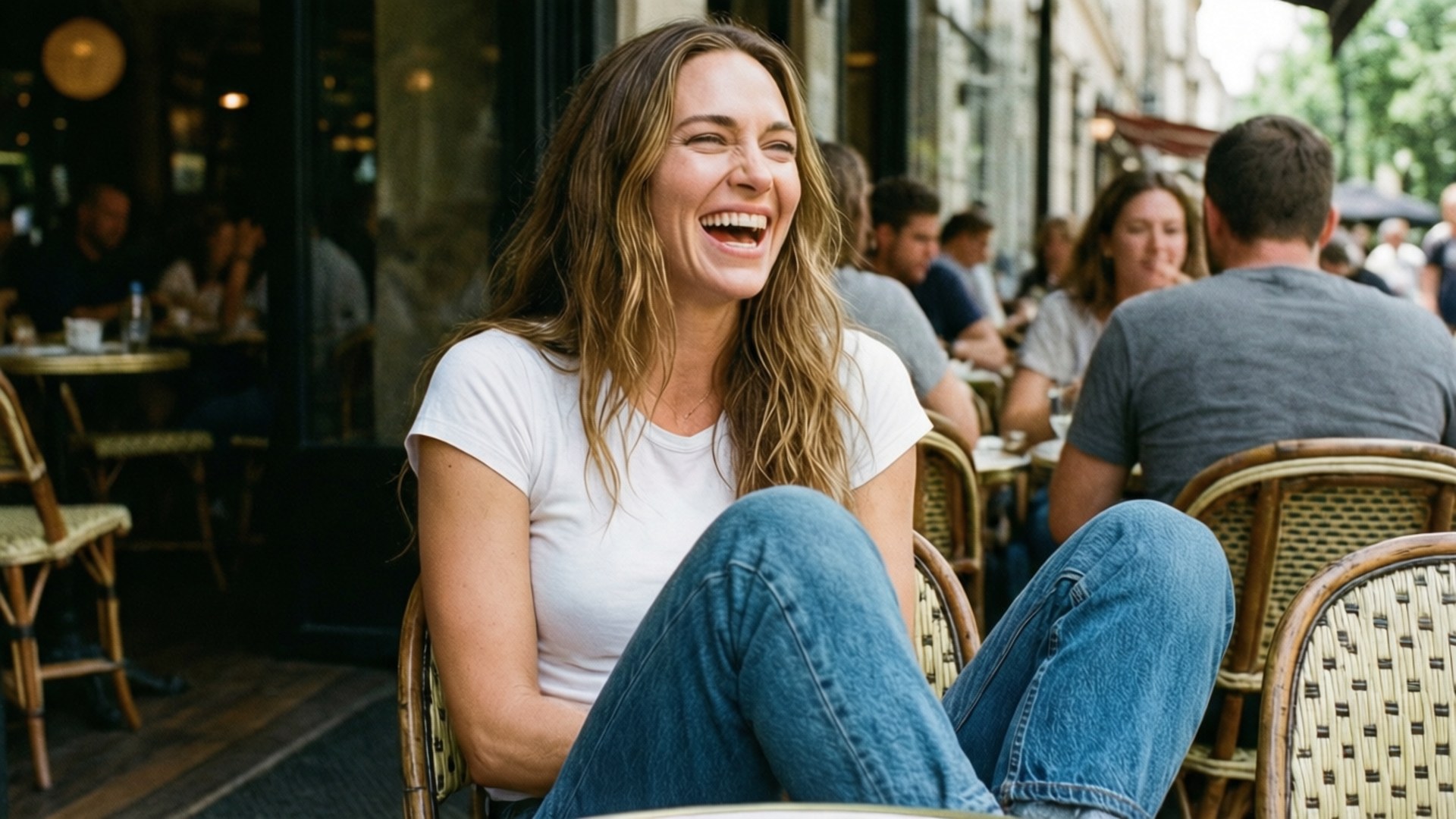 Candid Joy Papéis de Parede — Gal Gadot rindo casualmente de jeans e camiseta em um café ao ar livre