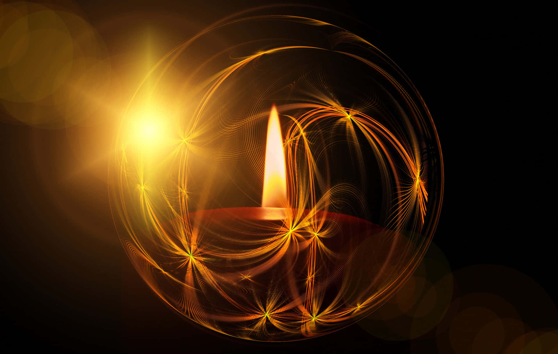 A Candle With A Golden Light On A Black Background