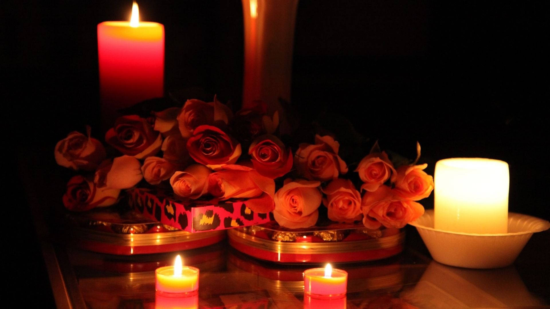 Candles And Roses On Table Wallpaper