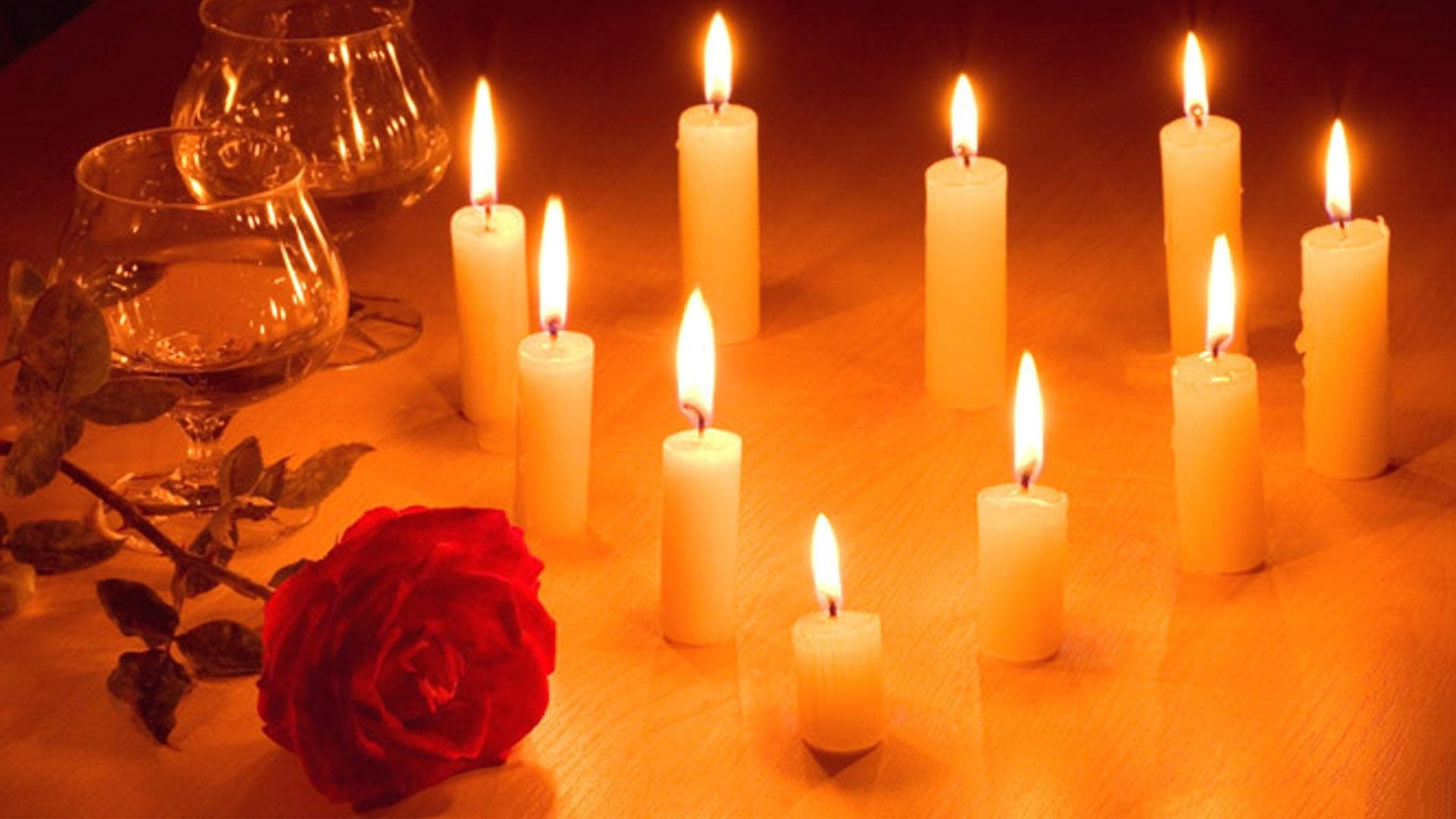 Candles With Glasses And A Rose Wallpaper