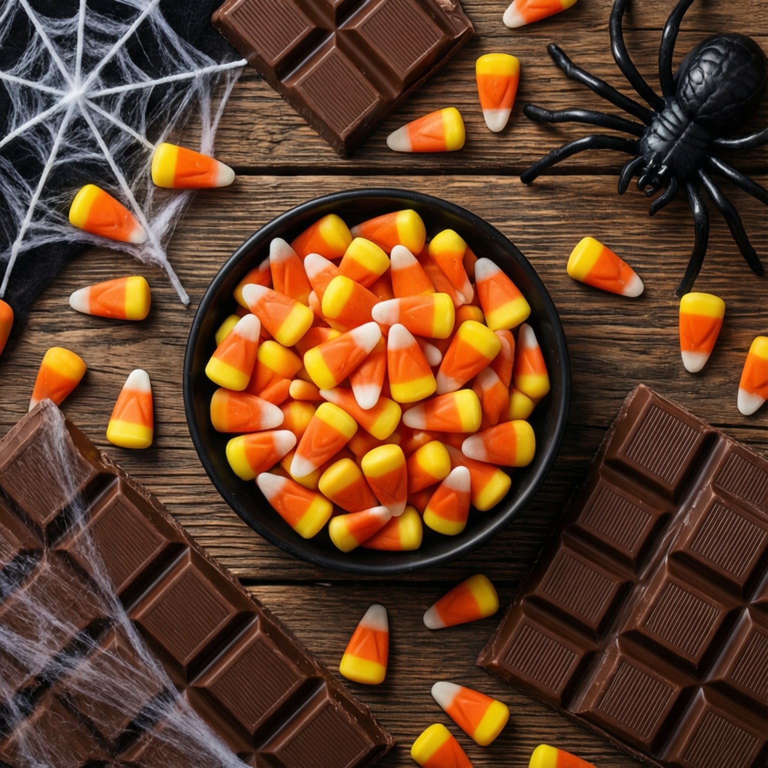 Godterimais Flat Lay Bakgrunner — Et ovenfra-bilde av candy corn og sjokoladebarer arrangert på et rustikt trebord med edderkopprekvisitter og spindelvev til Halloween.