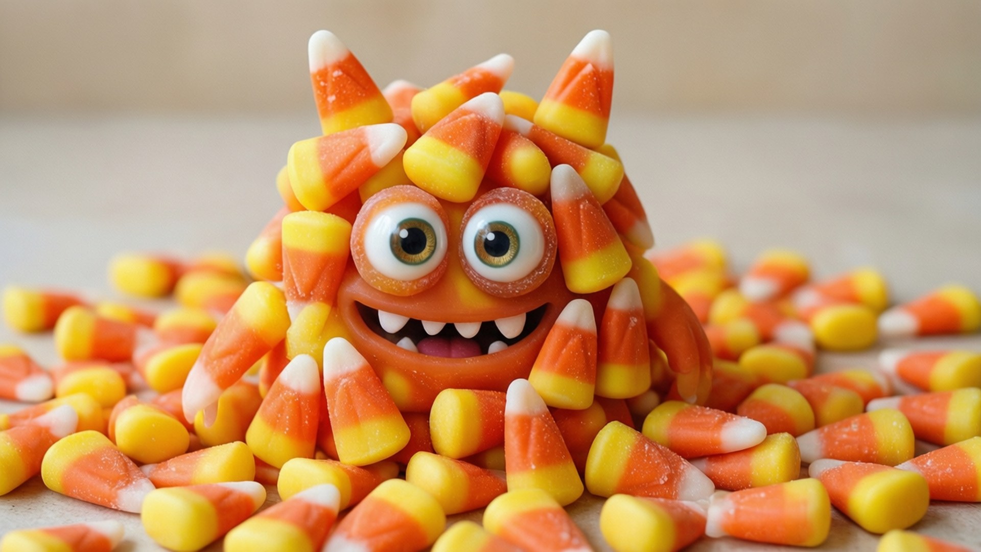 Monster lucu yang terbuat dari candy corn dikelilingi permen.