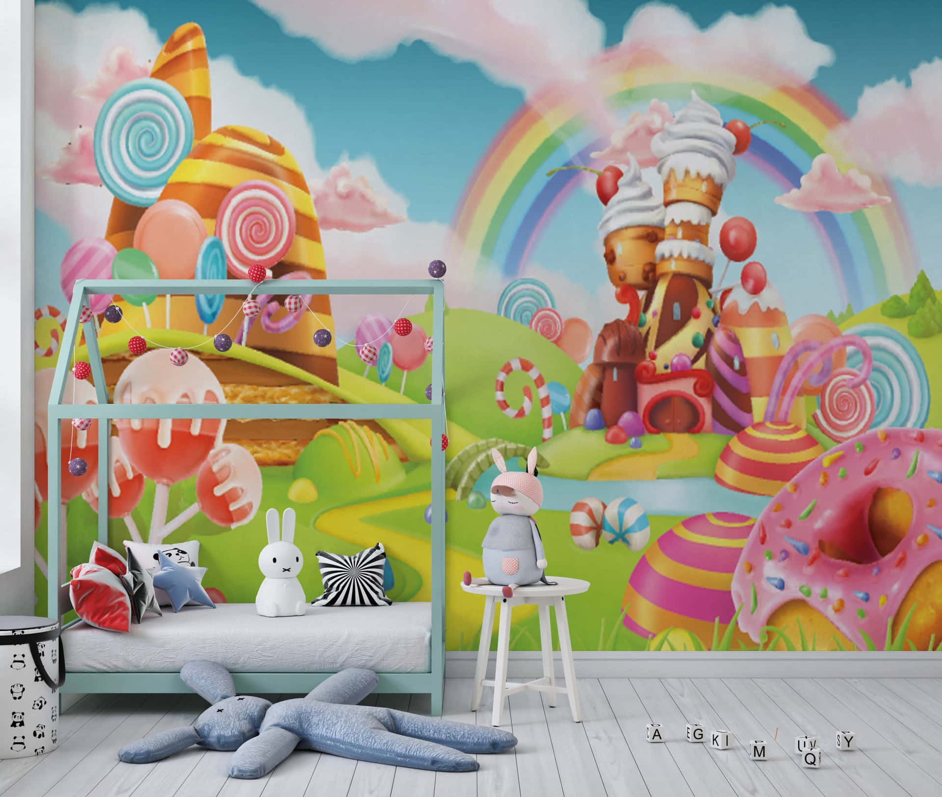 A Child's Bedroom With A Colorful Wall Mural Wallpaper