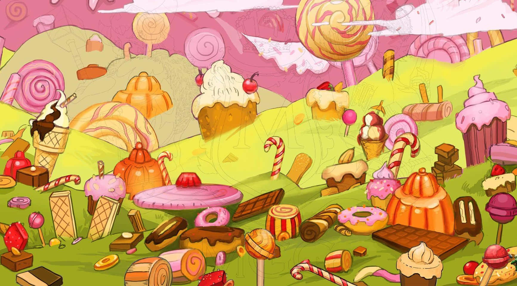 A Cartoon Scene With Many Candy And Candies