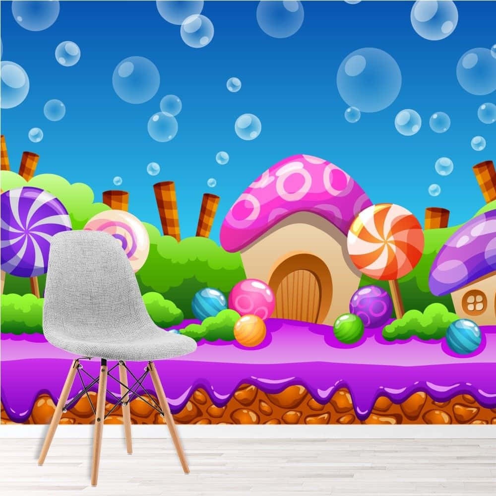 A Colorful Candy House And Bubbles Wallpaper