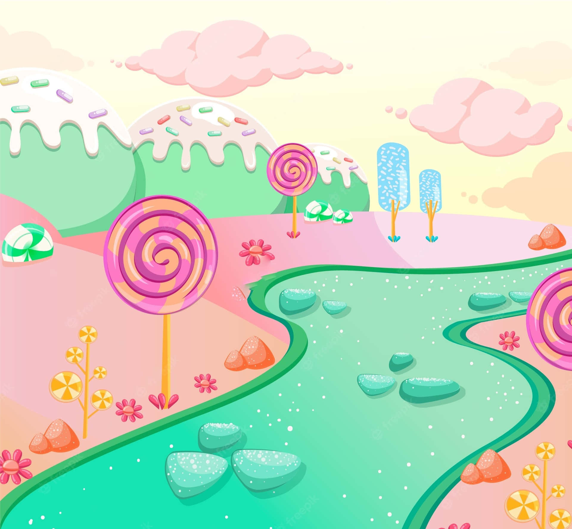 A Cartoon Landscape With Lollipops And A River