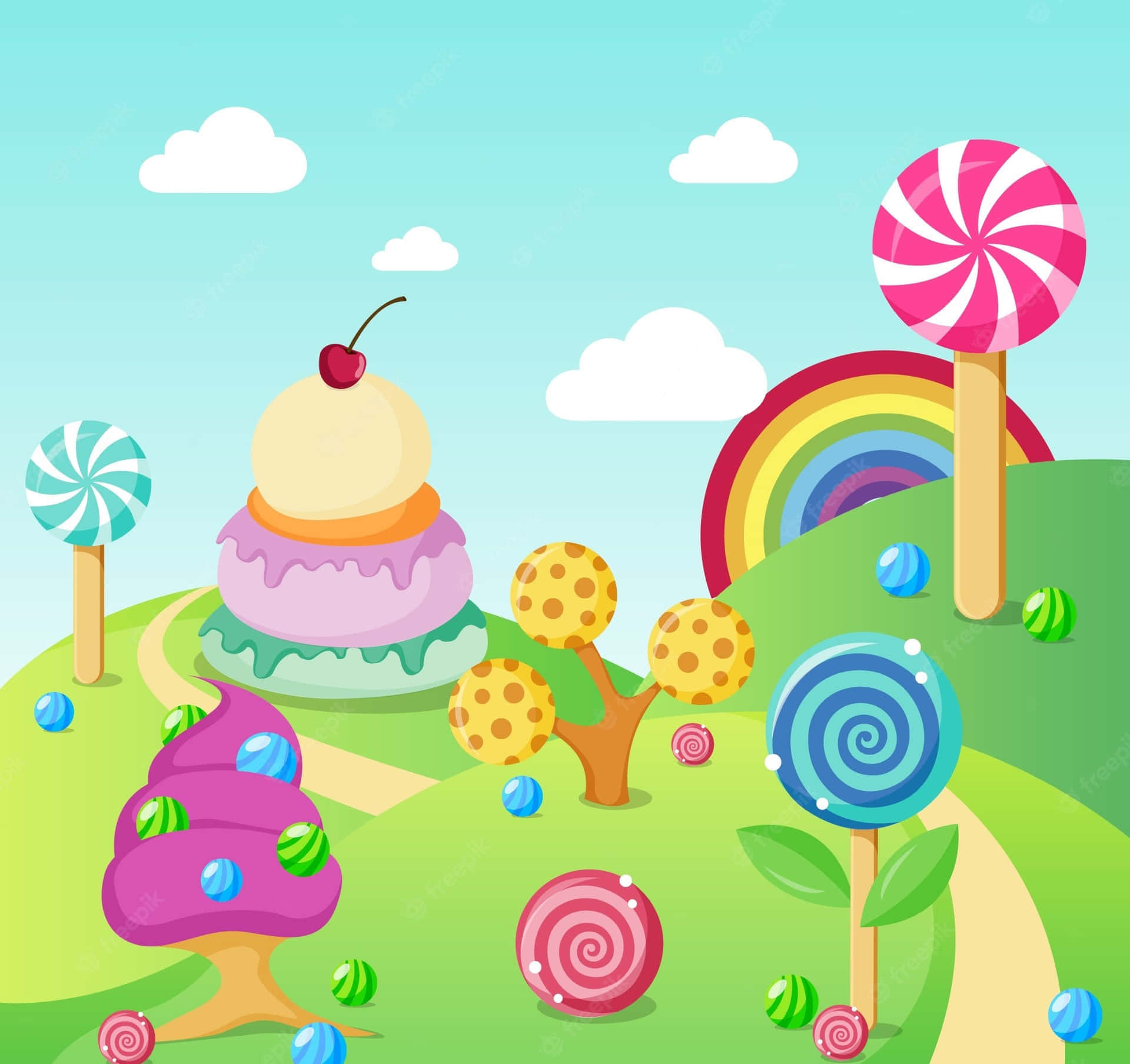 A Cartoon Candy Landscape With A Rainbow And Lollipops