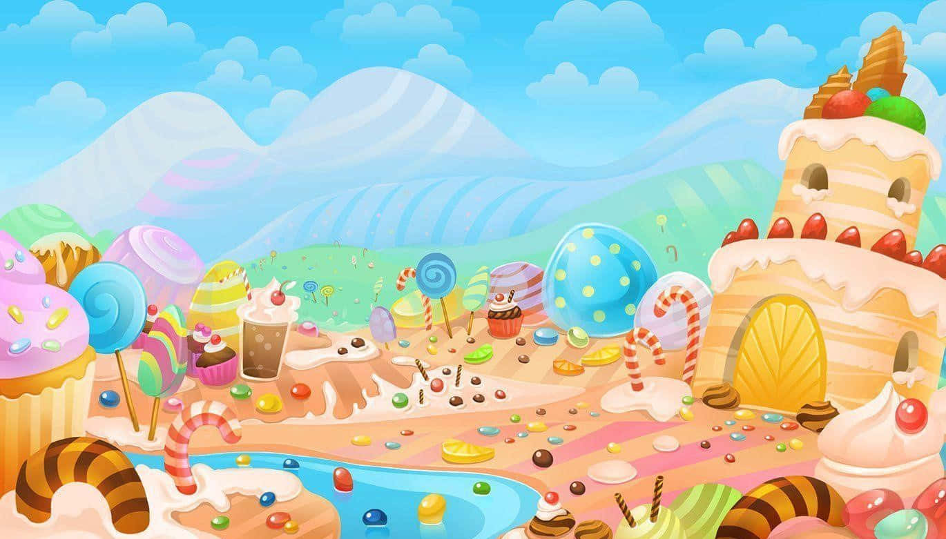 A Cartoon Candy Land With A Castle And Candy Wallpaper