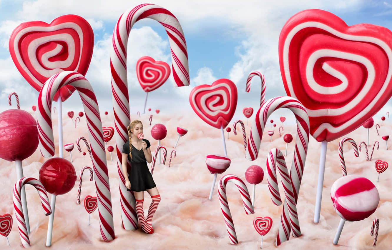 A Girl Standing In Front Of A Field Of Candy Canes Wallpaper