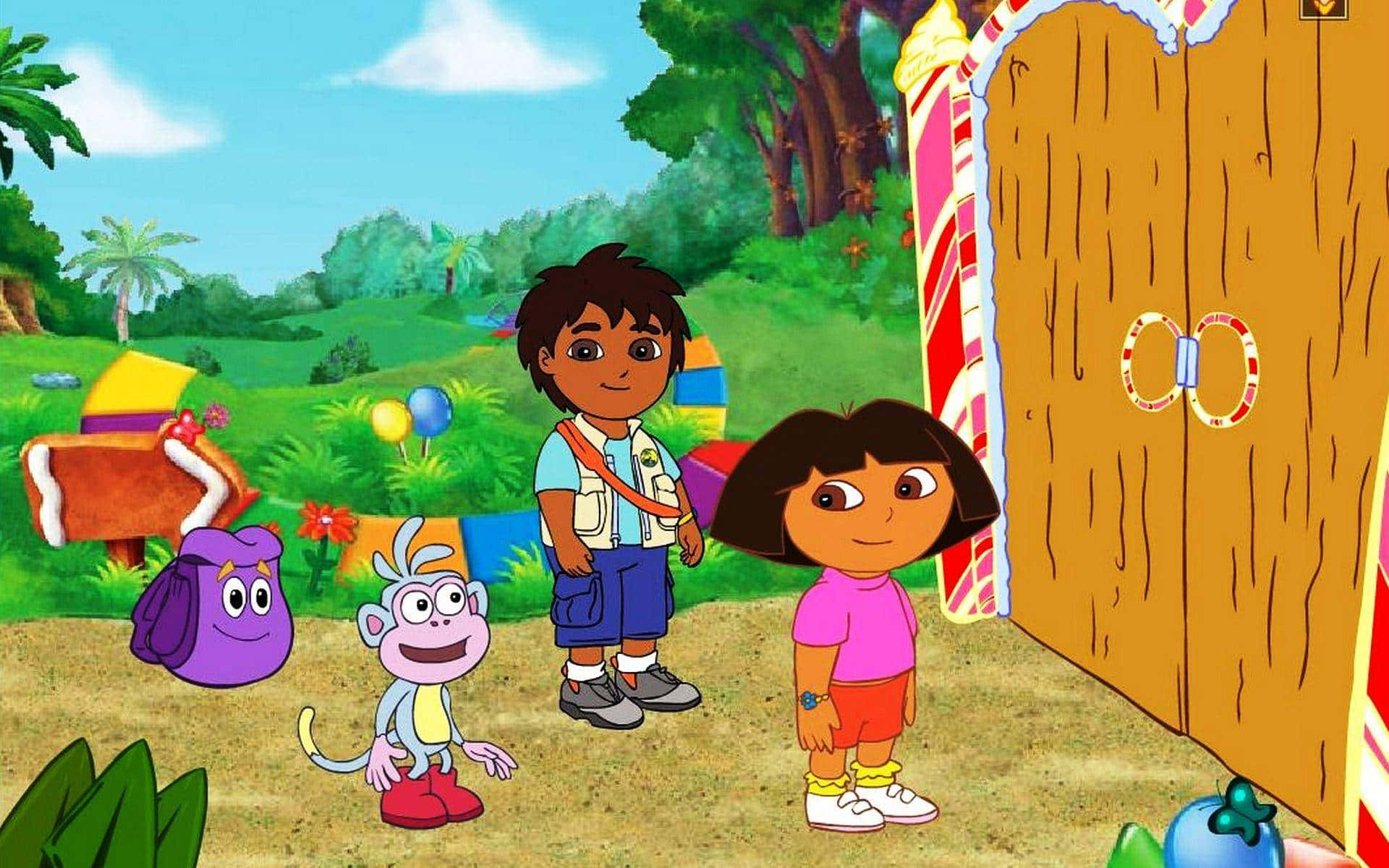 Denne tapet viser Dora udforskeren og hendes venner, som står foran en dør Wallpaper