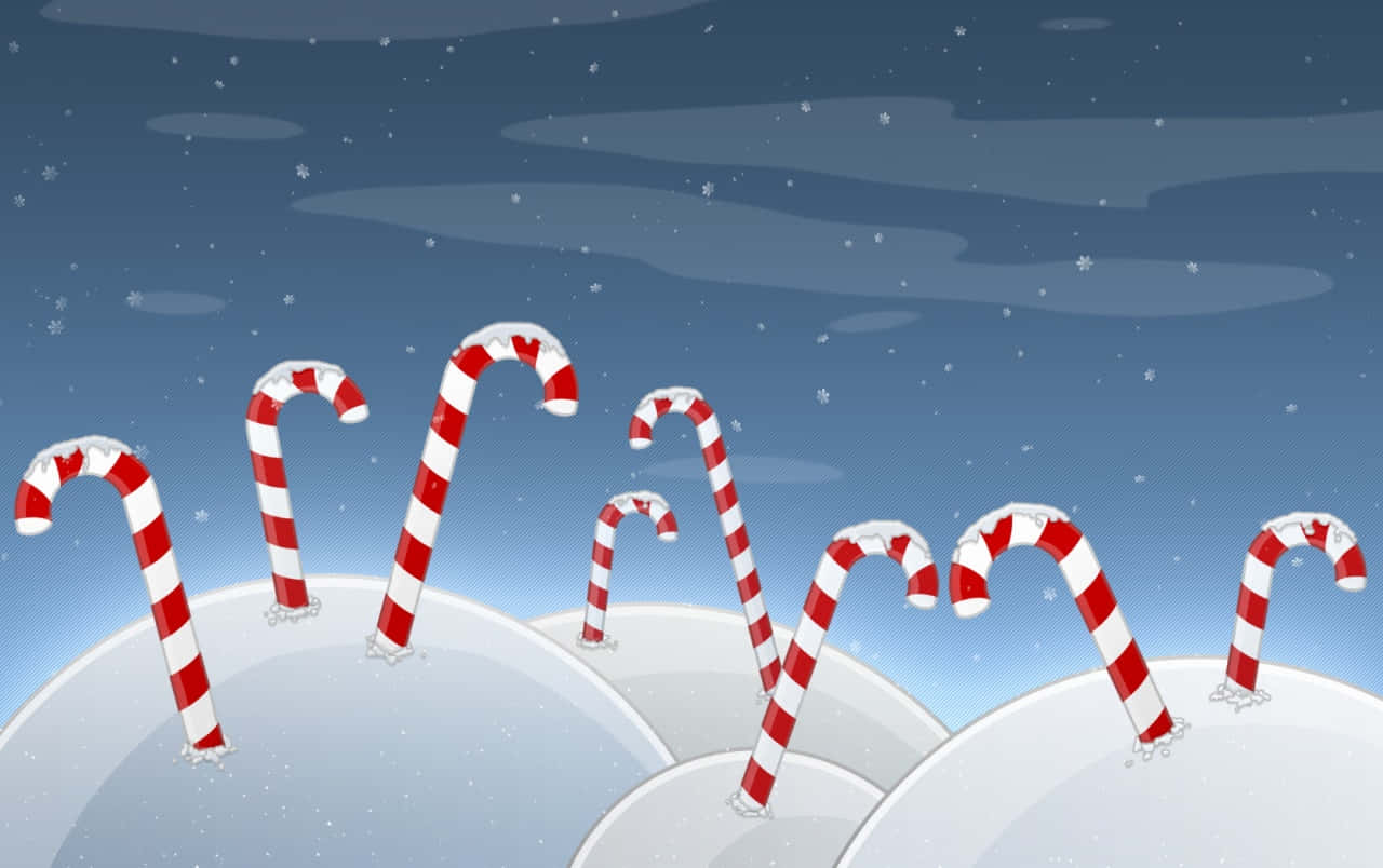 A Christmas Card With Candy Canes On A Snowy Background Wallpaper
