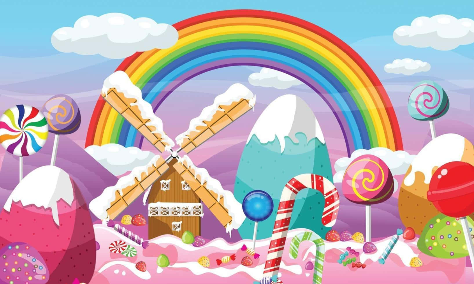 A Cartoon Scene With Candy And A Rainbow Wallpaper