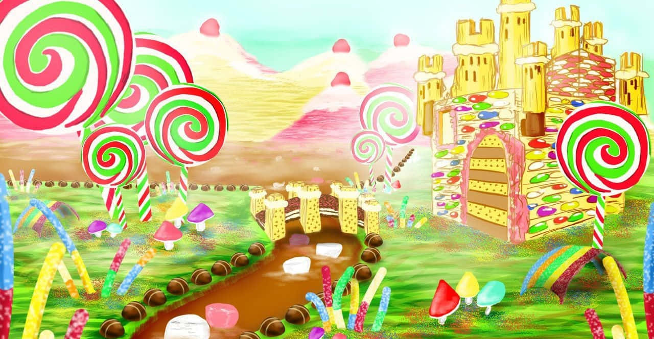A Colorful Drawing Of A Candy Land With A Castle Wallpaper