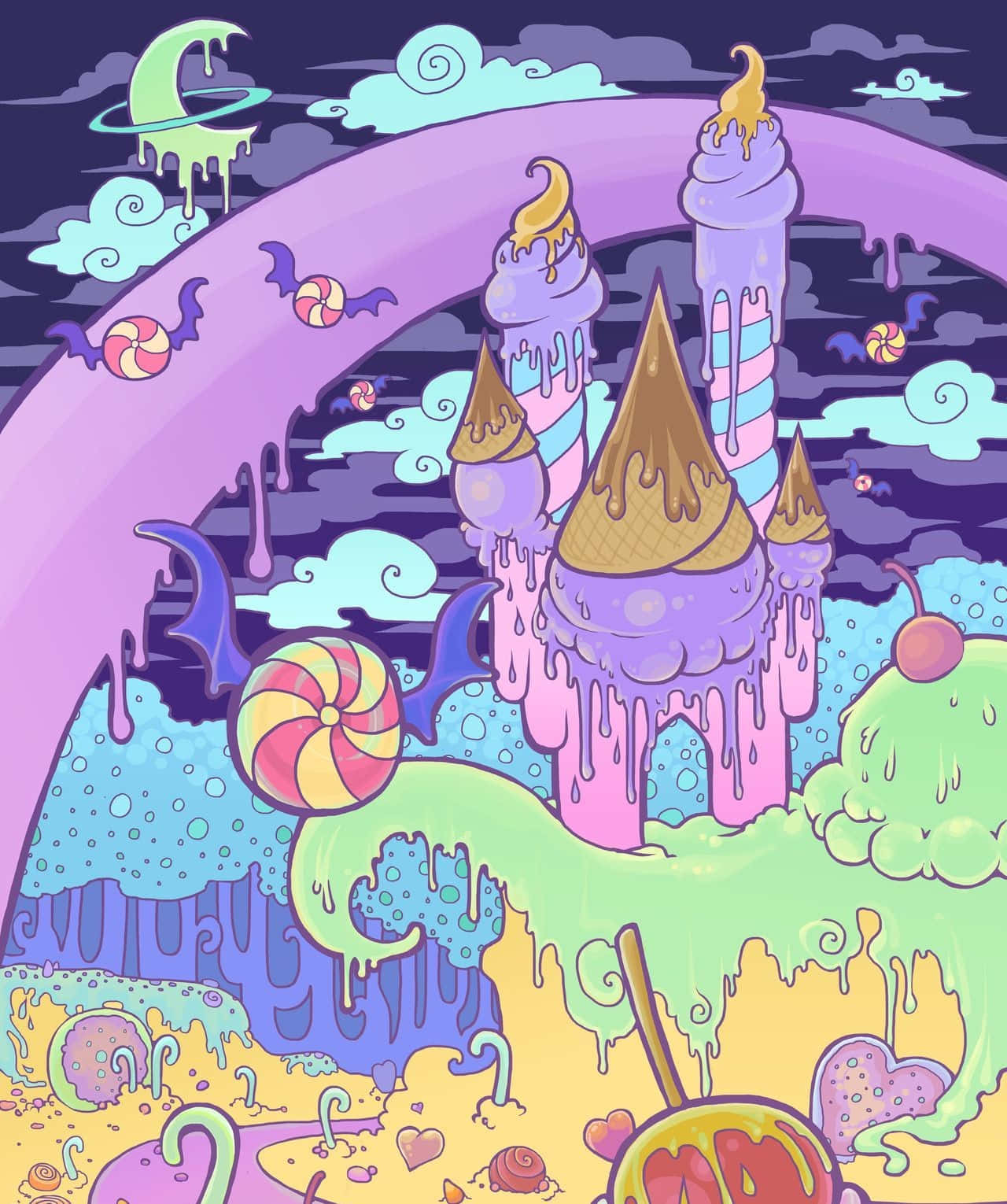 A Cartoon Illustration Of A Castle With Candy And Ice Cream Wallpaper