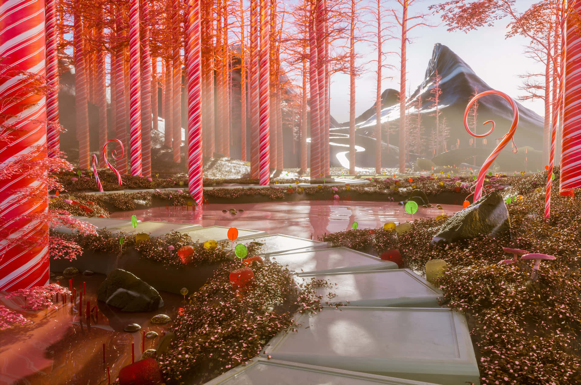 A 3d Image Of A Candy Cane Forest Wallpaper
