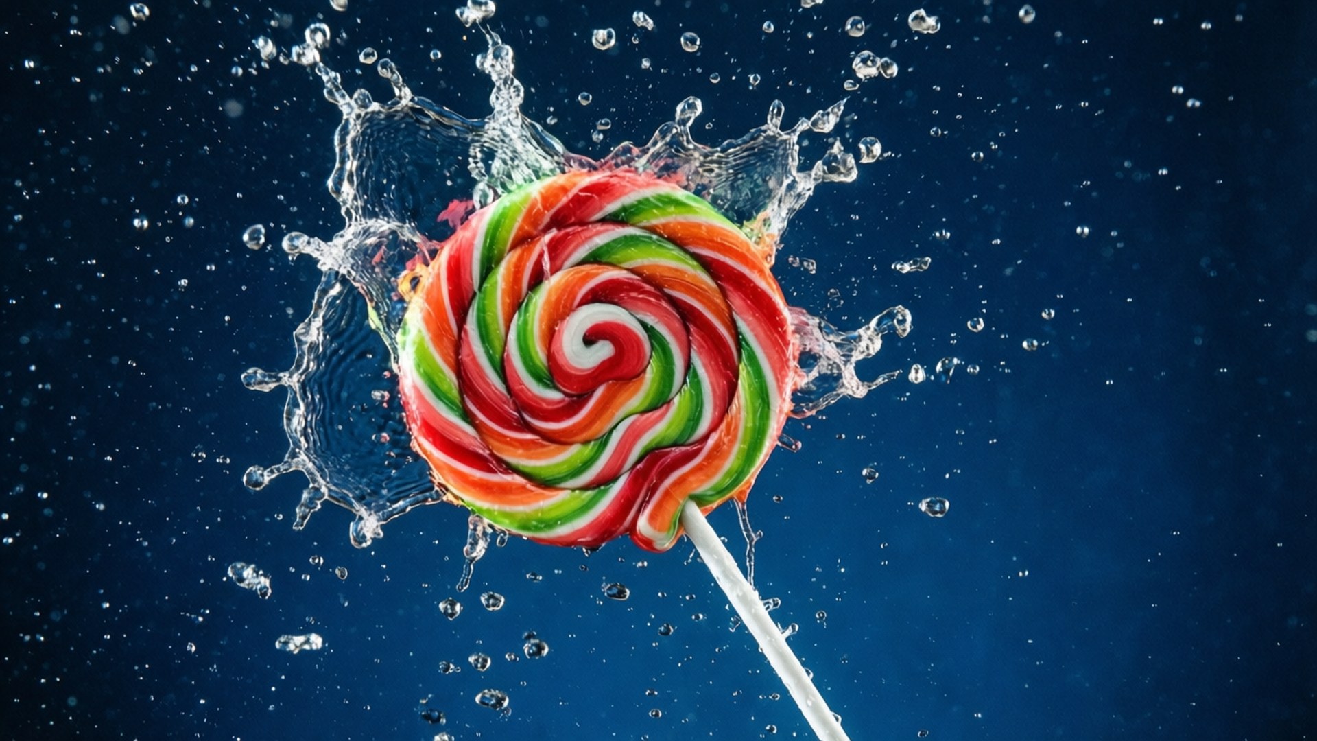 Lolipop pusaran warna-warni yang memercik di air dengan latar belakang biru gelap.