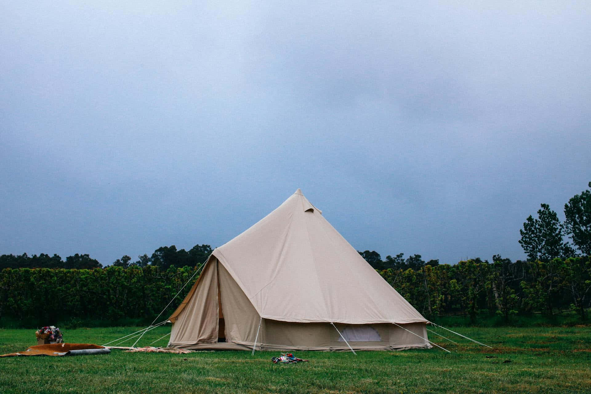 Canvas Tent Green Field Brown Aesthetic Wallpaper