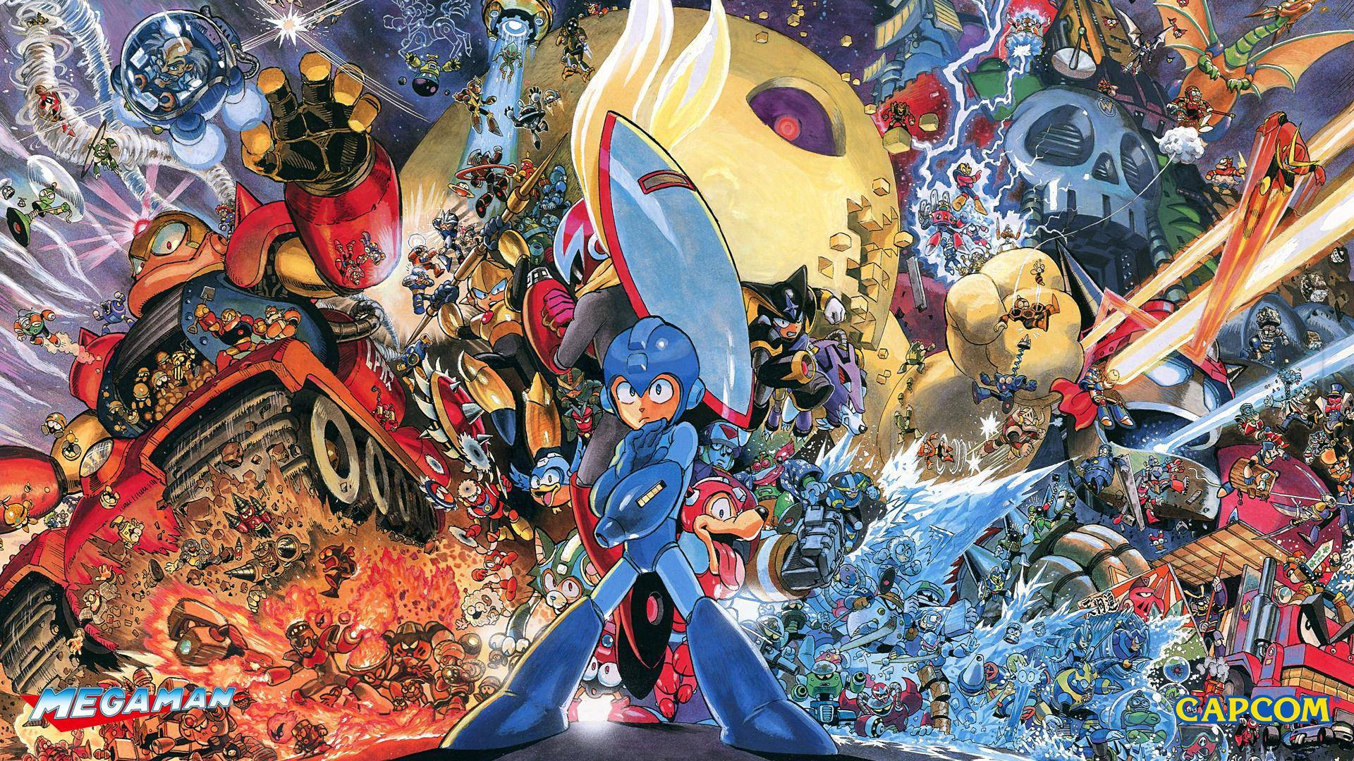 Capcom Mega Man Proto Man bakgrunn gir et utvalg av fargemuligheter og tilstedeværelsen av klassiske spillkarakterer. Wallpaper