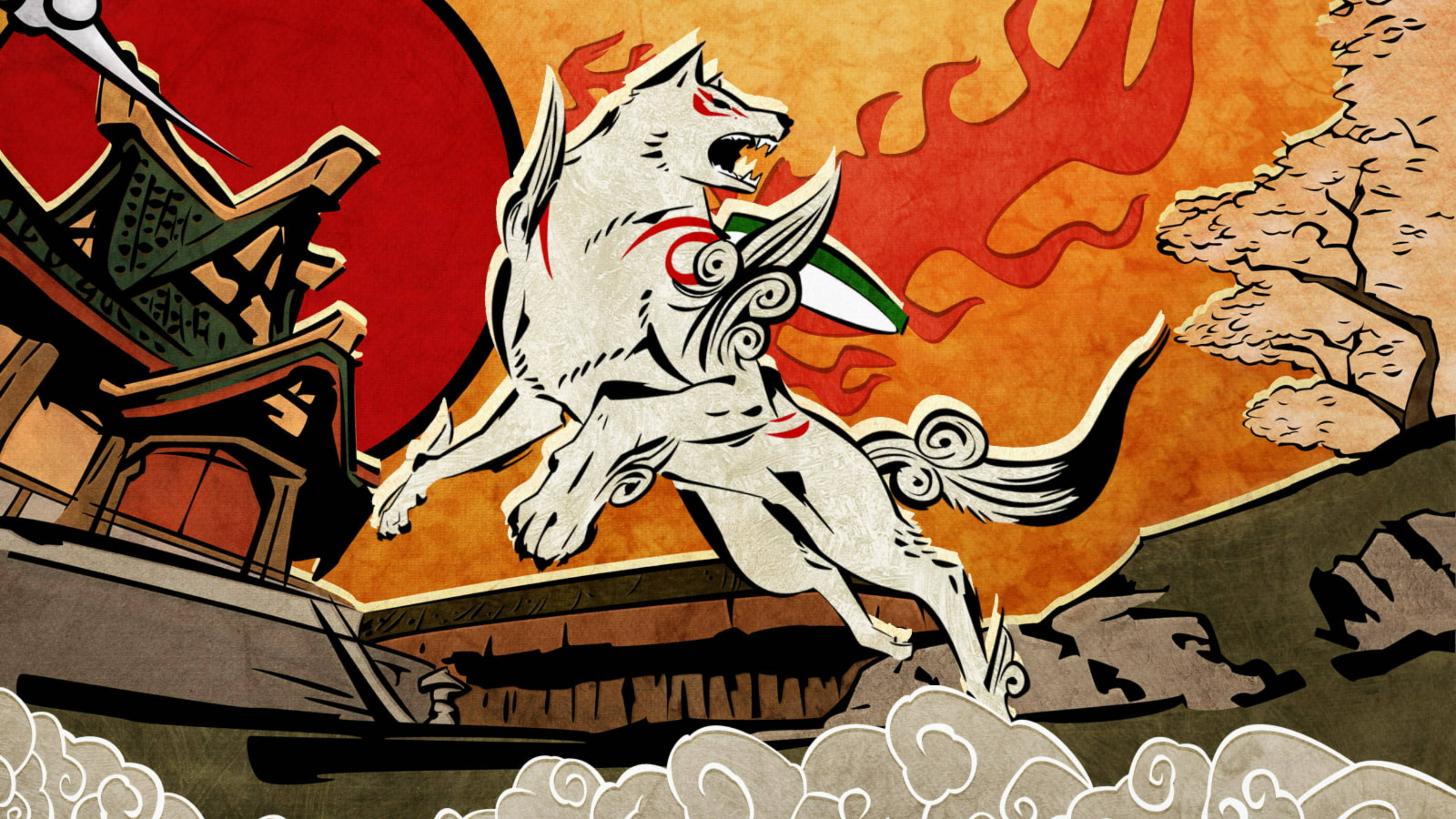 Capcom Jumping Amaterasu Wallpaper — A stylized white wolf with red markings leaps dynamically against a fiery orange sky with a traditional Japanese building and bare trees.