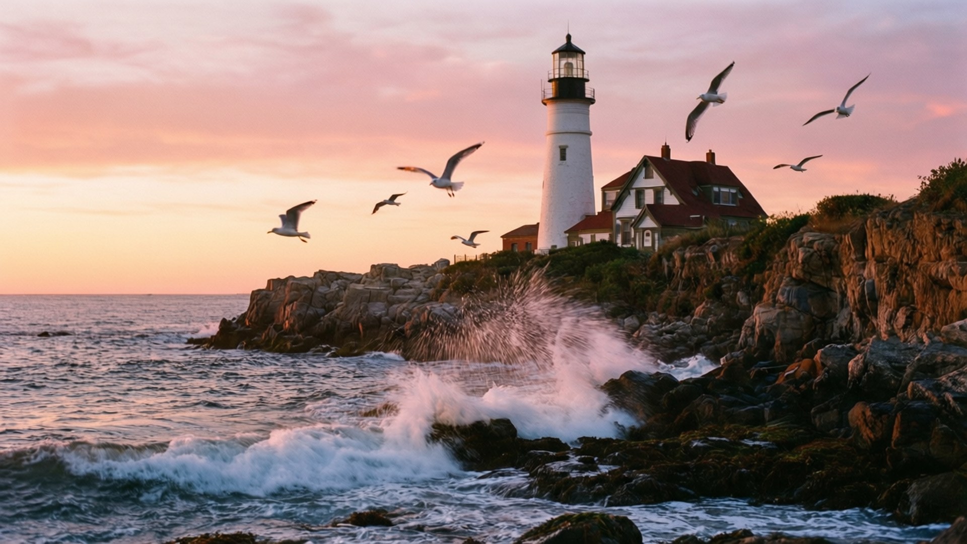 White lighthouse on rocky coast with seagulls flying and waves crashing at sunset