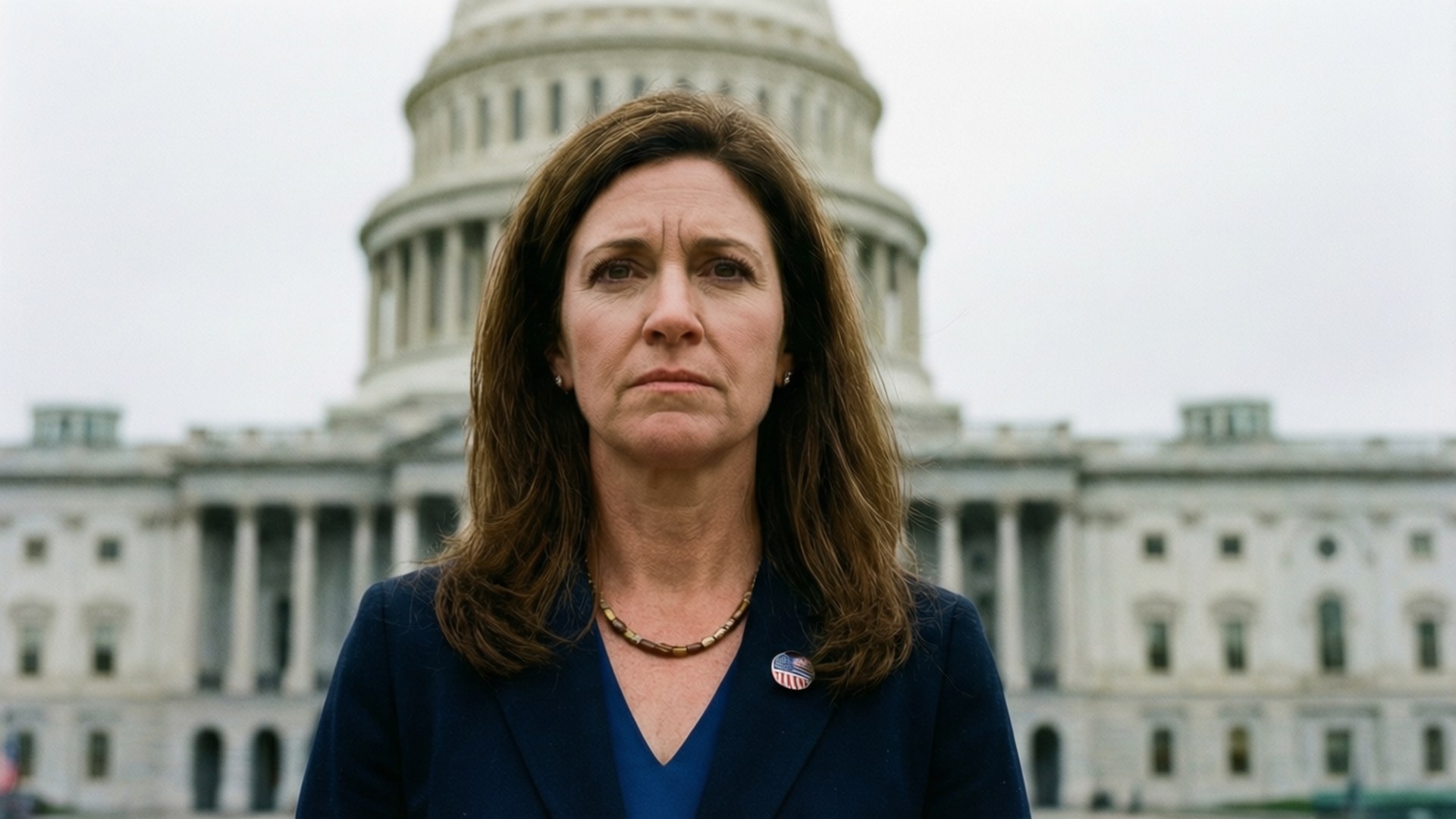 Gabrielle Giffords standing in front of the U.S. Capitol, serious mood.