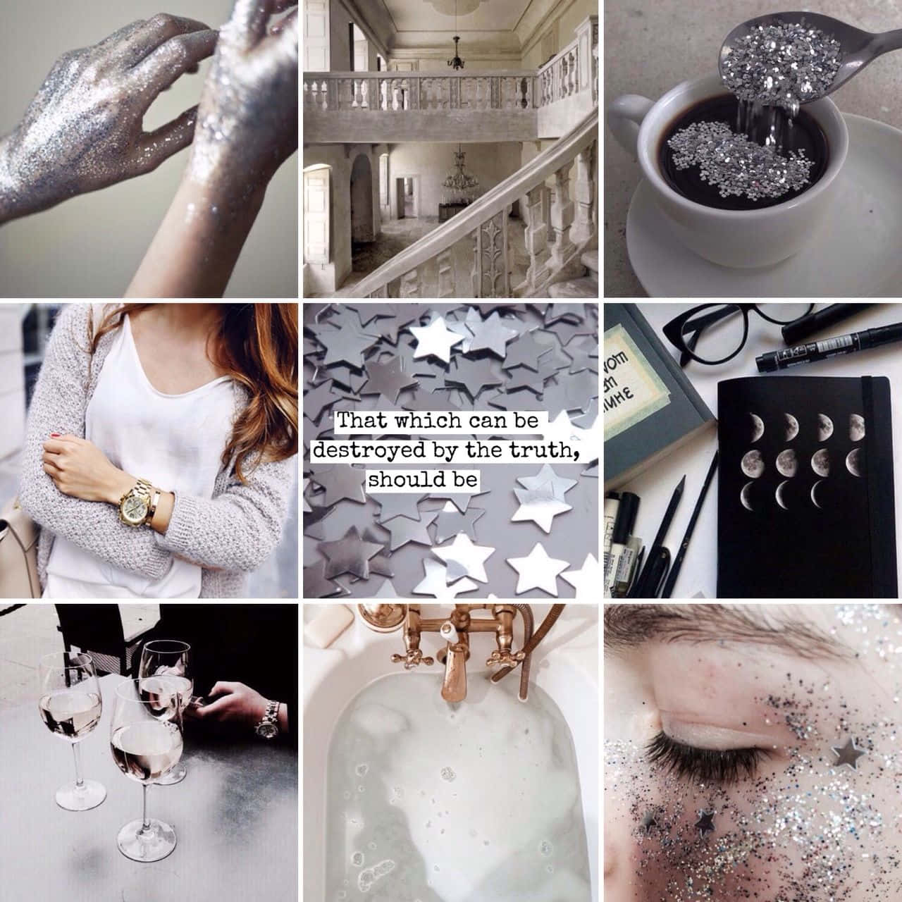 A Collage Of Pictures With Glitter And Silver Wallpaper
