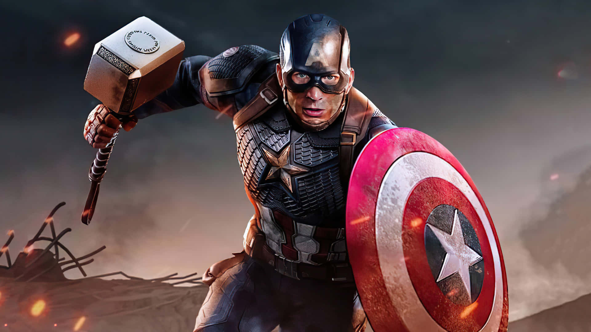 Sfondodi Captain America Steve Rogers Con Il Martello Di Thor