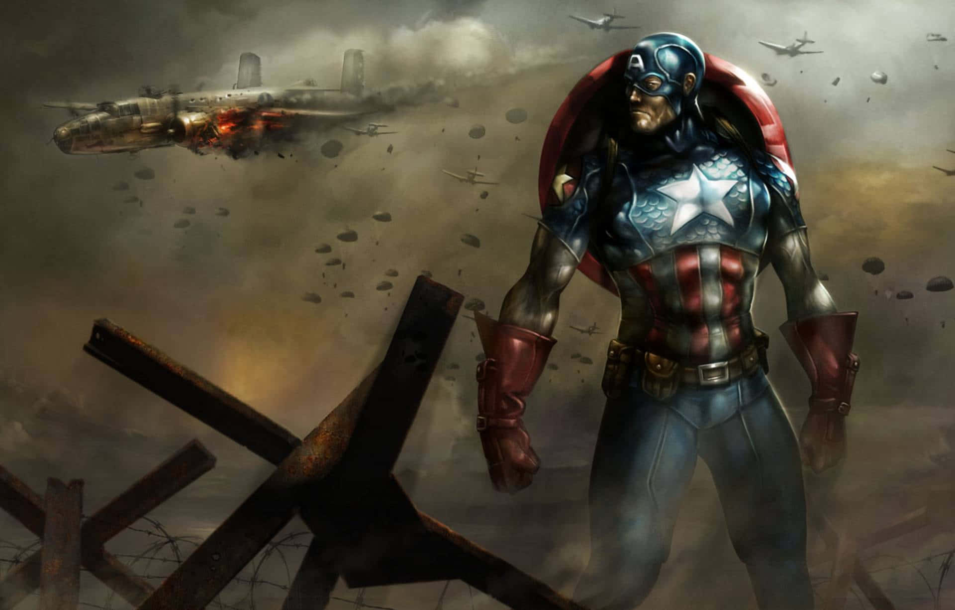 Captain America står foran et fly. Wallpaper