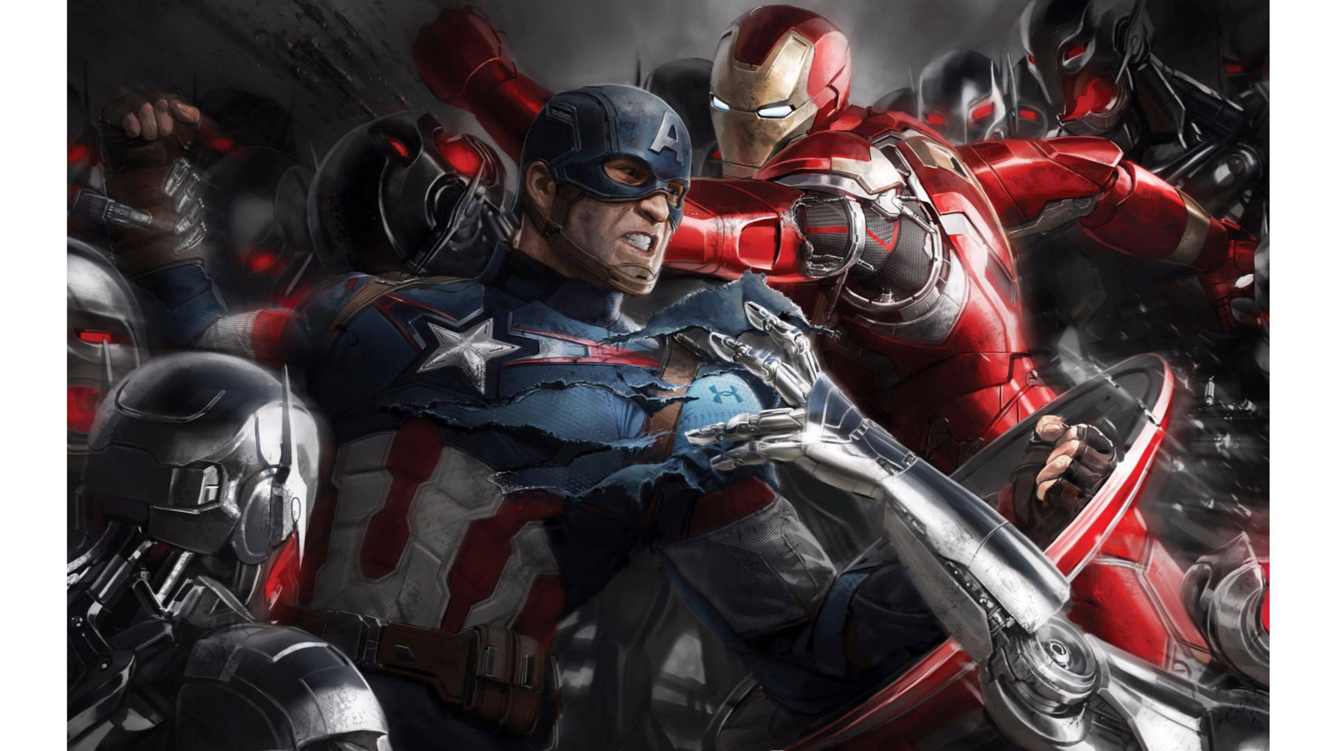 Captain America, Iron Man, and Ultron Stand Ready for Battle Wallpaper