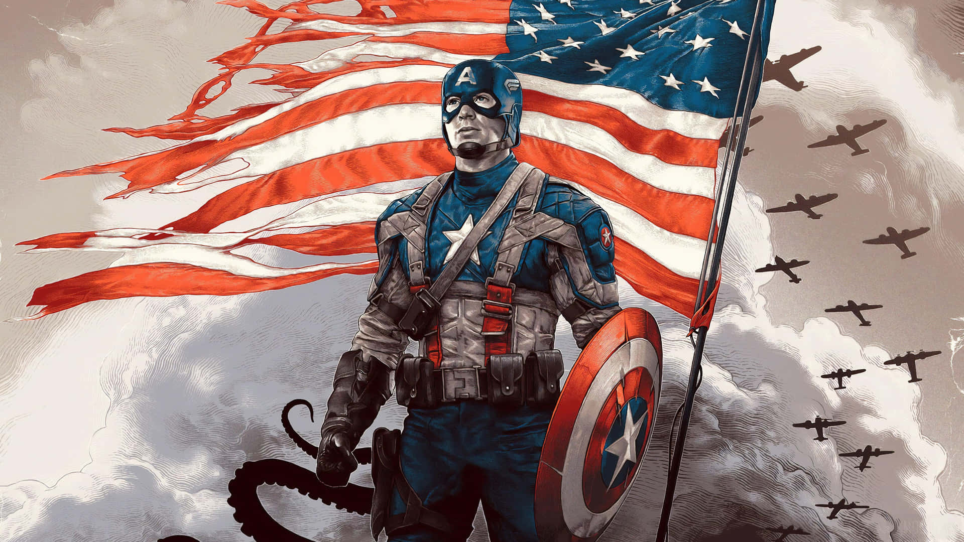 Captain America med en amerikansk flag Wallpaper