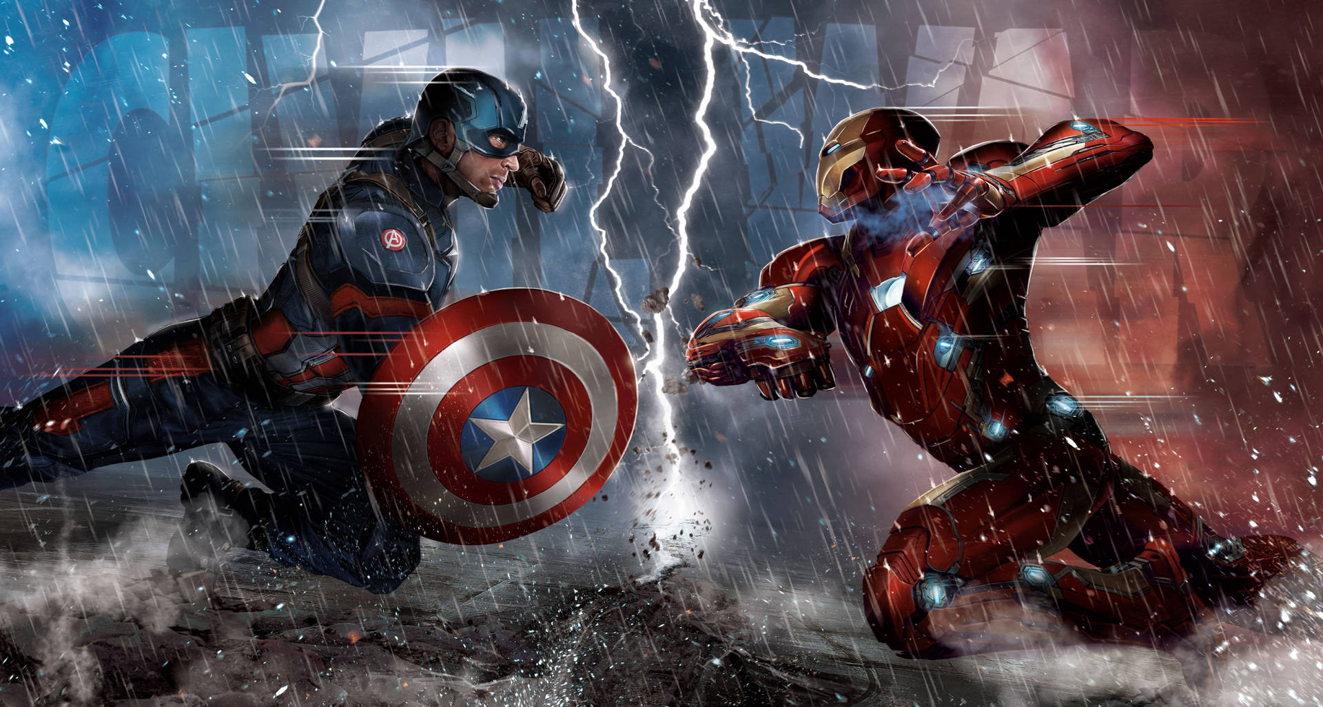 Captain America Vs Iron Man In The Rain Background
